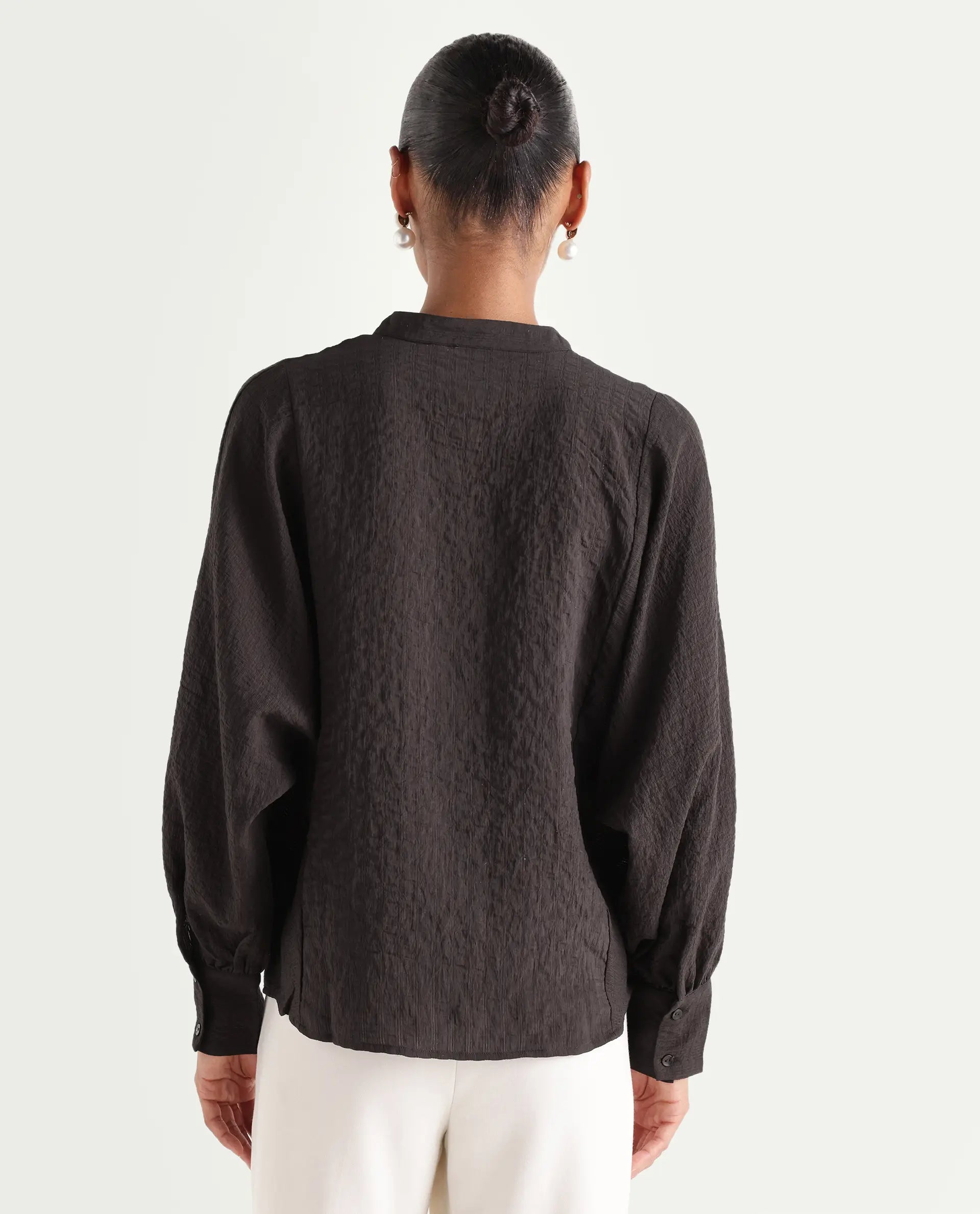 Rareism Women's Dove Brown Viscose Blend Band Collar Button Regular Plain Top