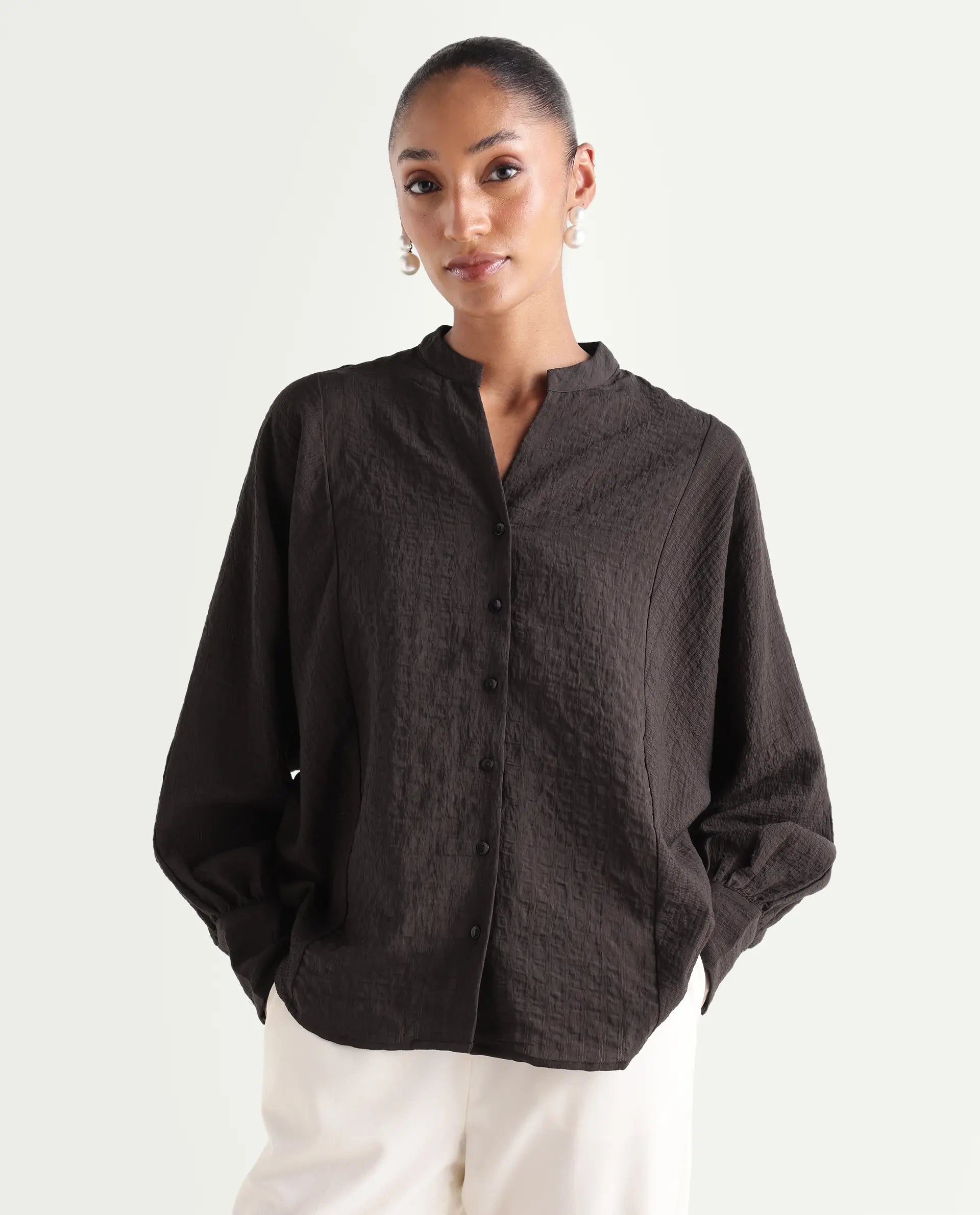 Rareism Women's Dove Brown Viscose Blend Band Collar Button Regular Plain Top