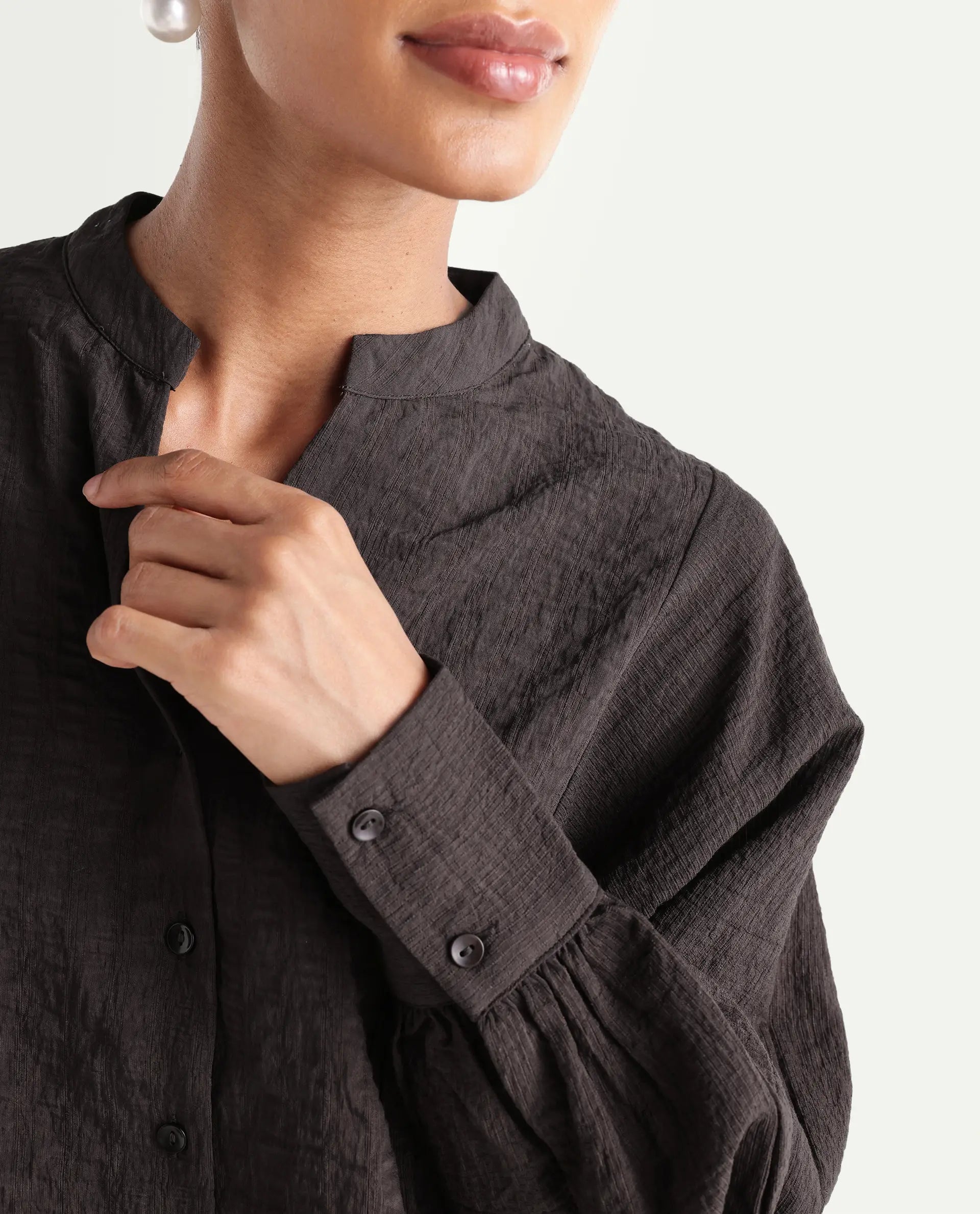Rareism Women's Dove Brown Viscose Blend Band Collar Button Regular Plain Top