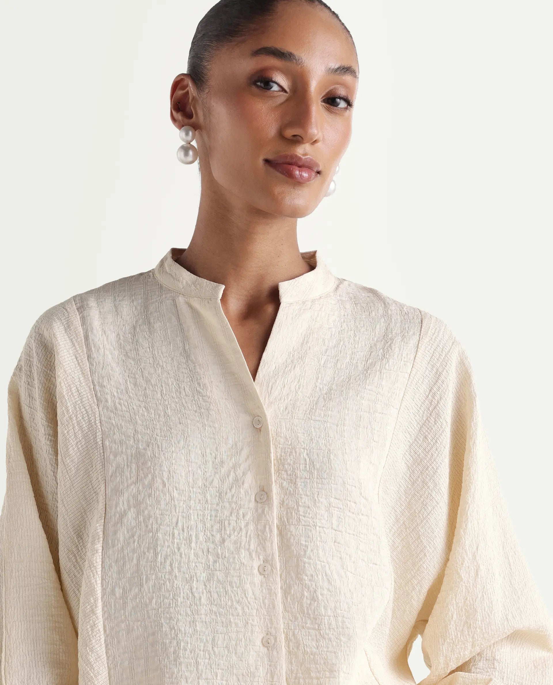 Rareism Women's Dove Off White Viscose Blend Band Collar Button Regular Plain Top