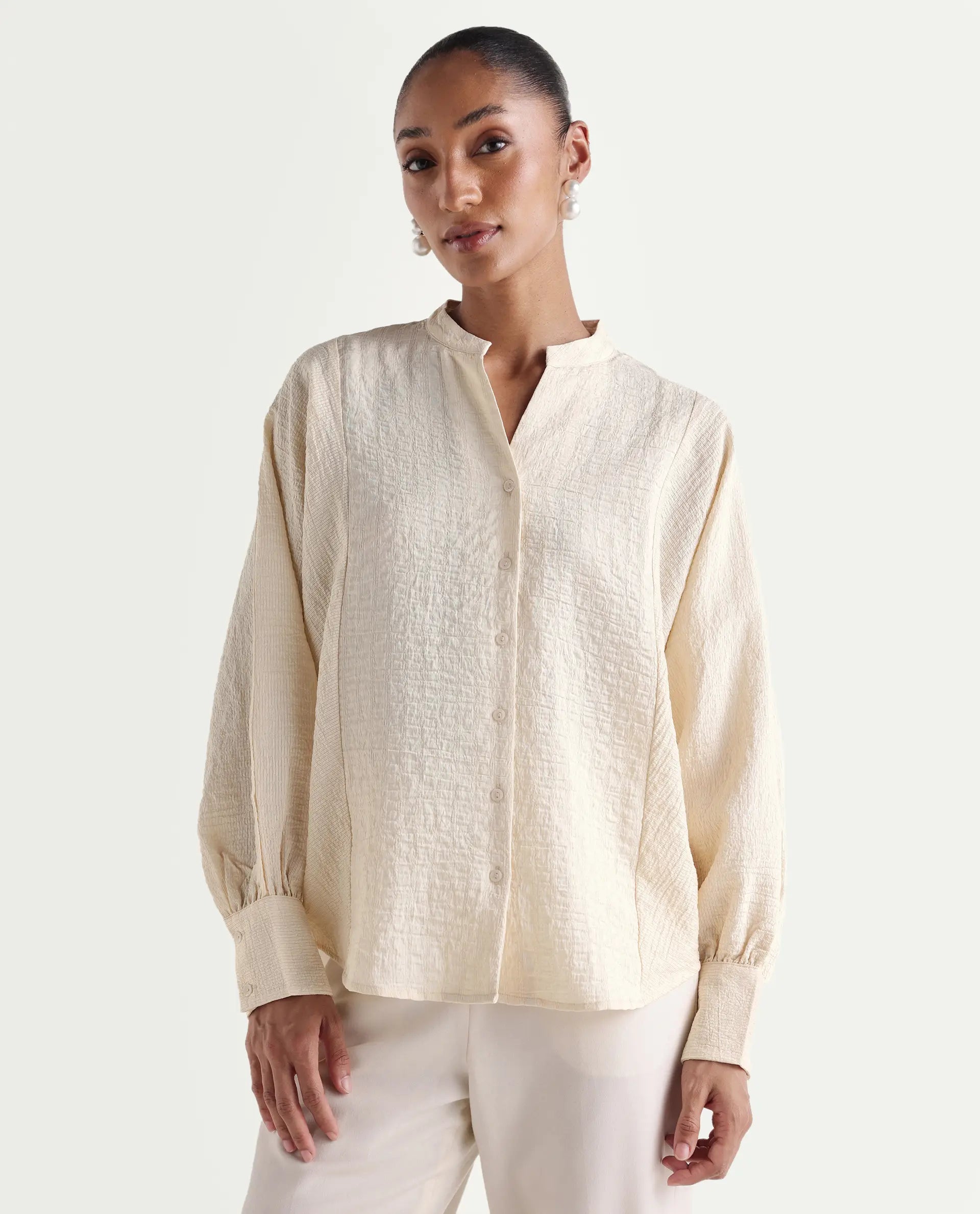 Rareism Women's Dove Off White Viscose Blend Band Collar Button Regular Plain Top