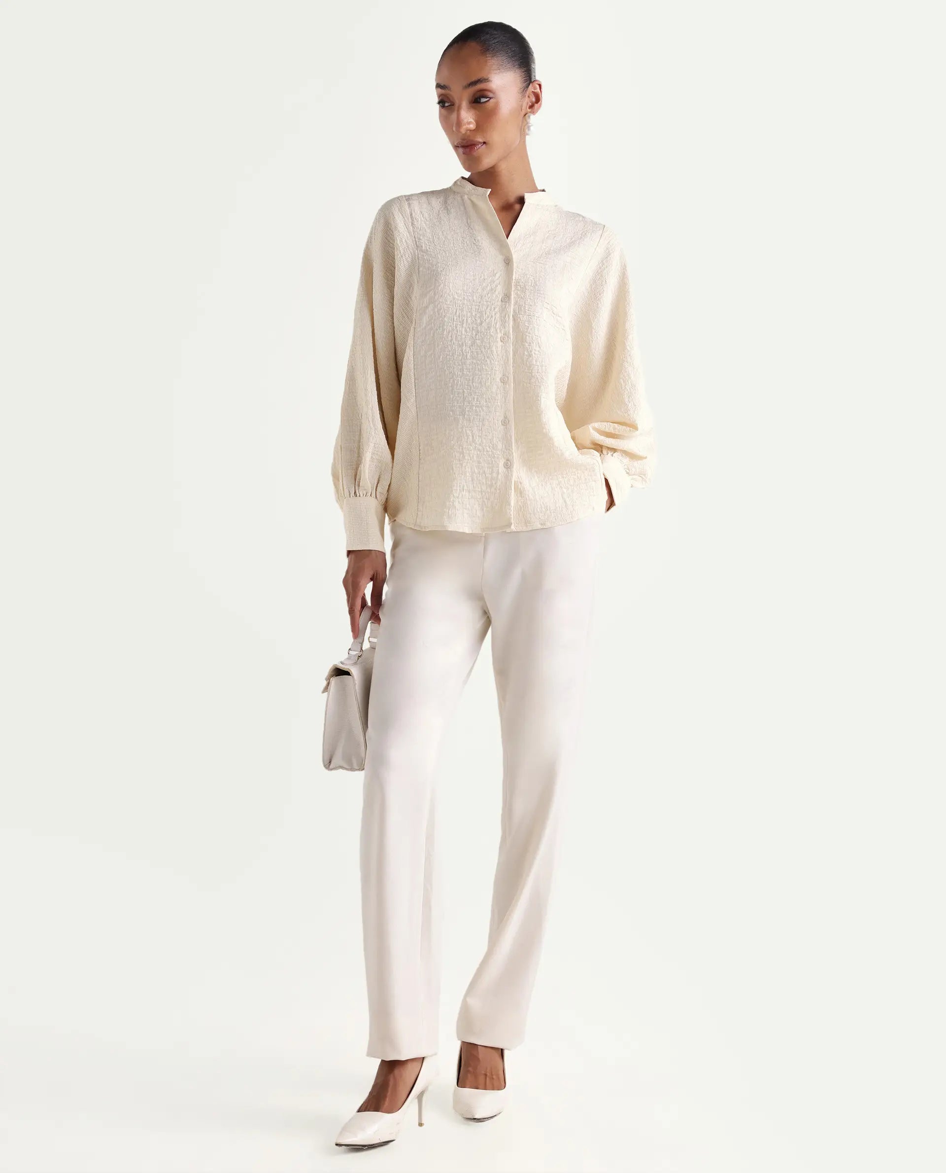 Rareism Women's Dove Off White Viscose Blend Band Collar Button Regular Plain Top