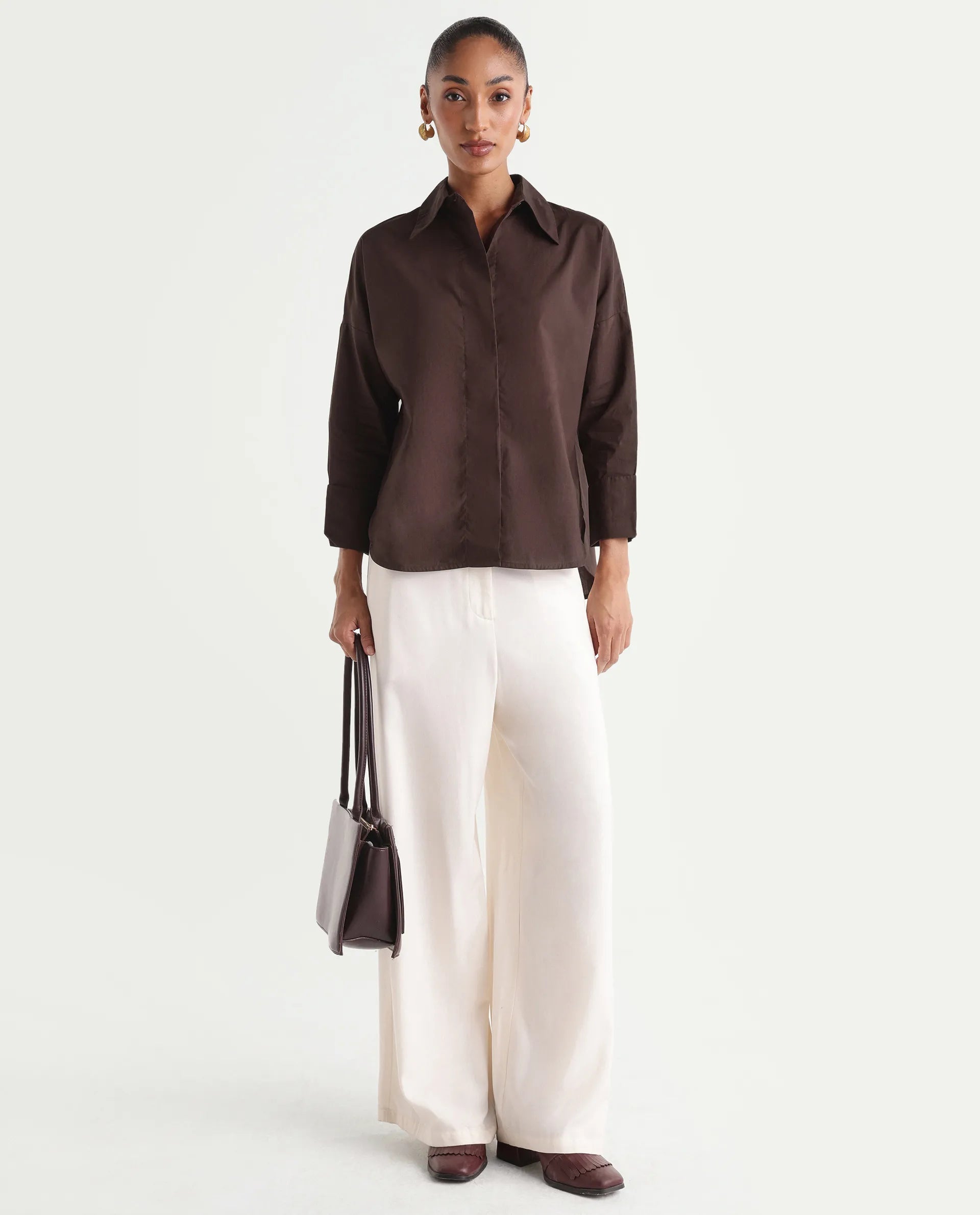 Rareism Women's Oni Brown Cotton Spread Collar Button Boxy Plain Shirt