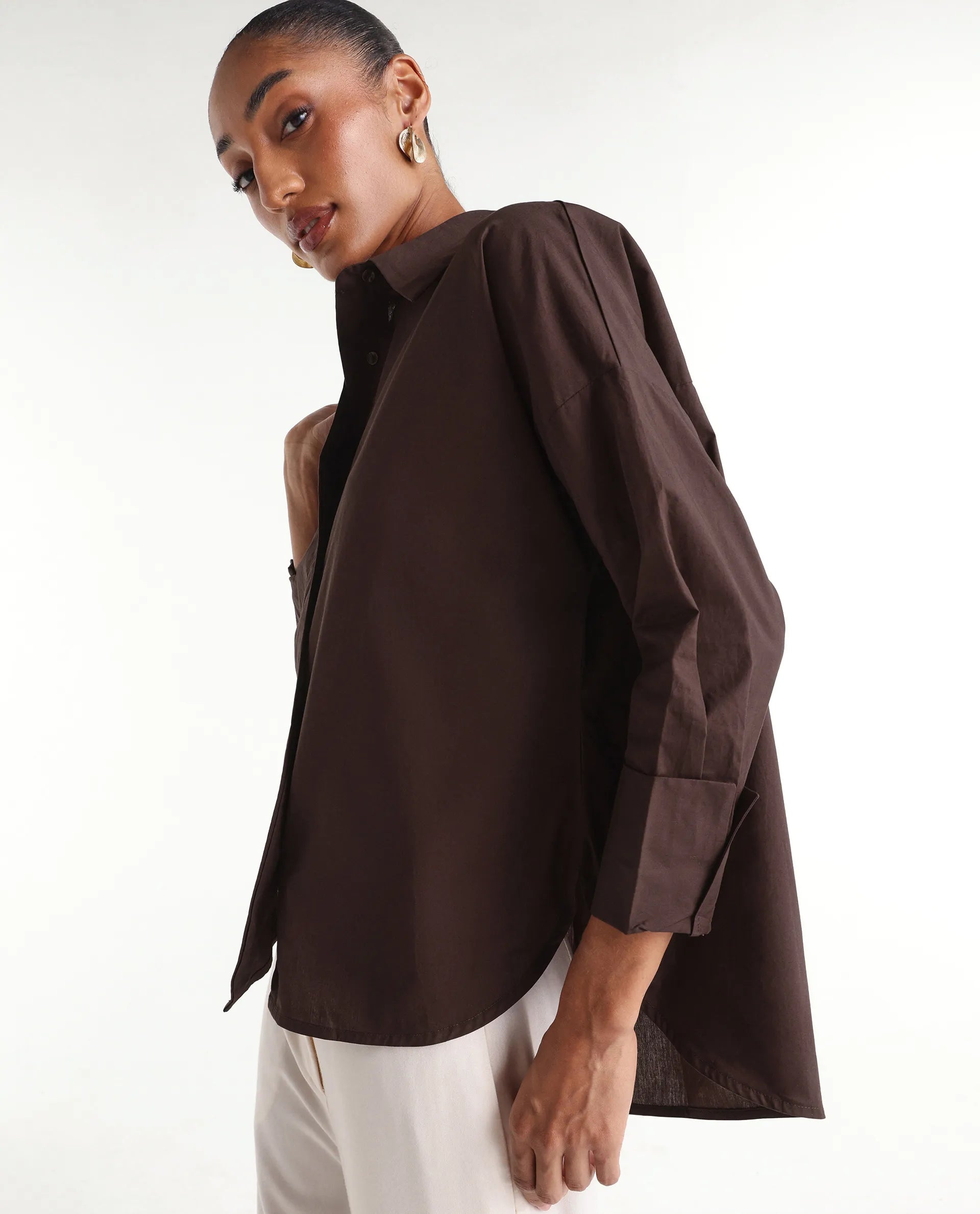 Rareism Women's Oni Brown Cotton Spread Collar Button Boxy Plain Shirt
