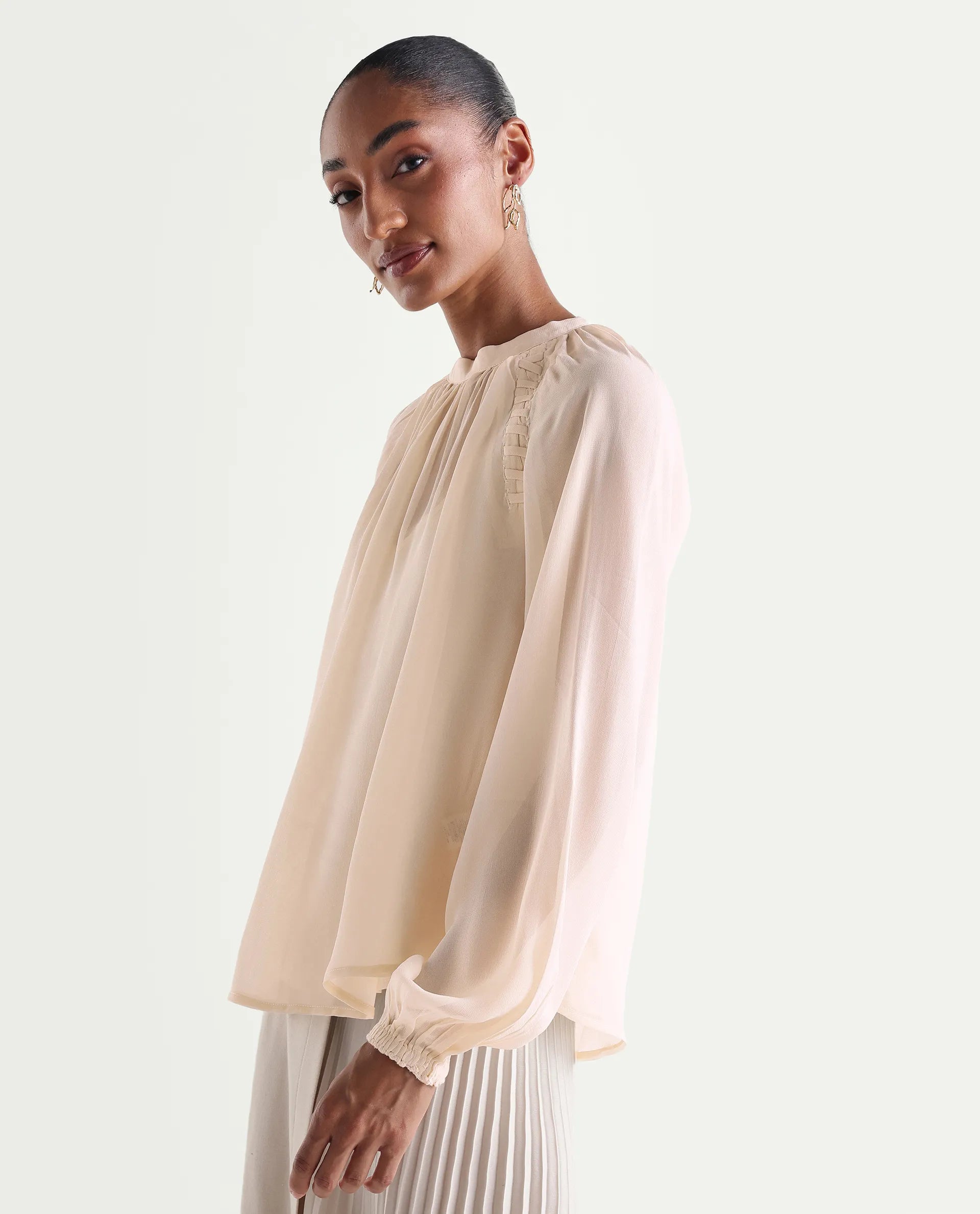 Rareism Women's Holto Beige Viscose Blend High Neck Relaxed Plain Top
