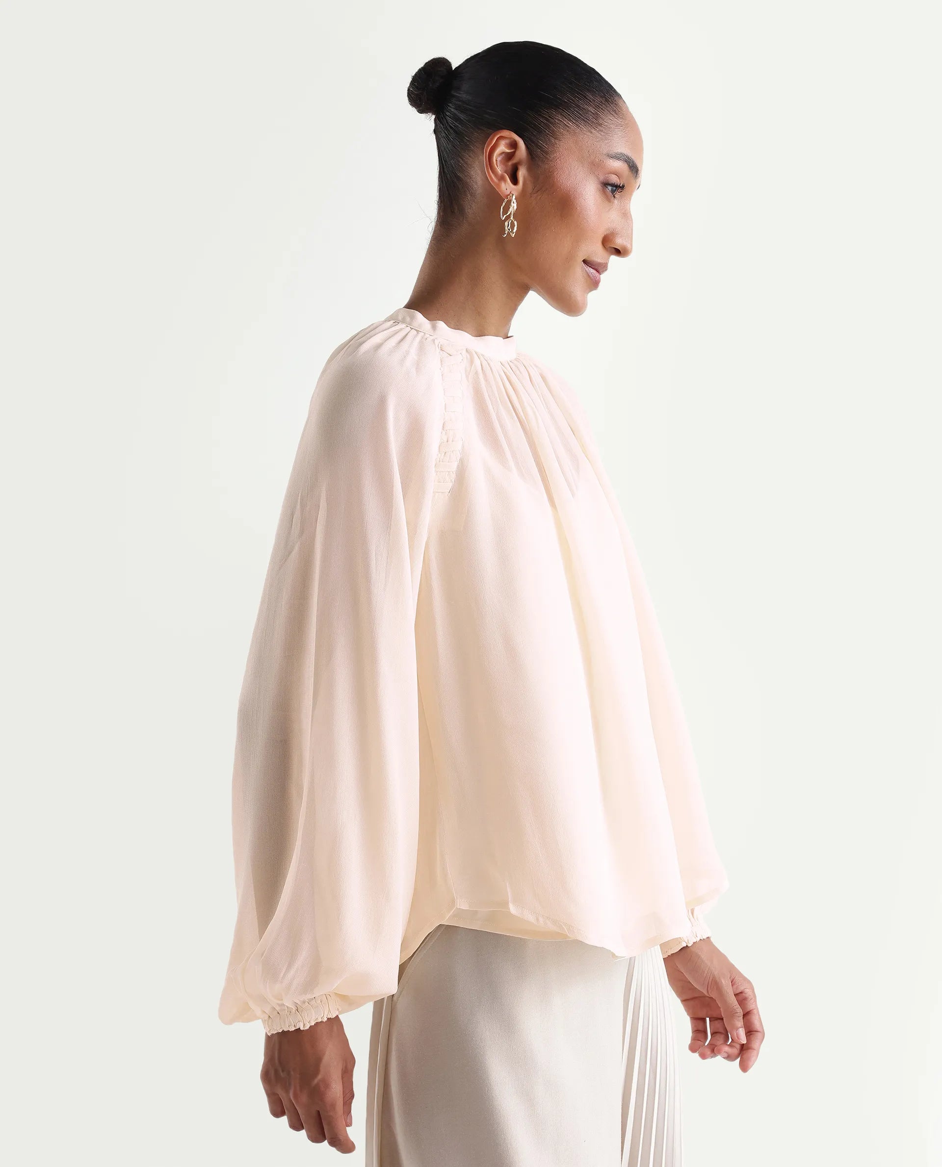 Rareism Women's Holto Beige Viscose Blend High Neck Relaxed Plain Top