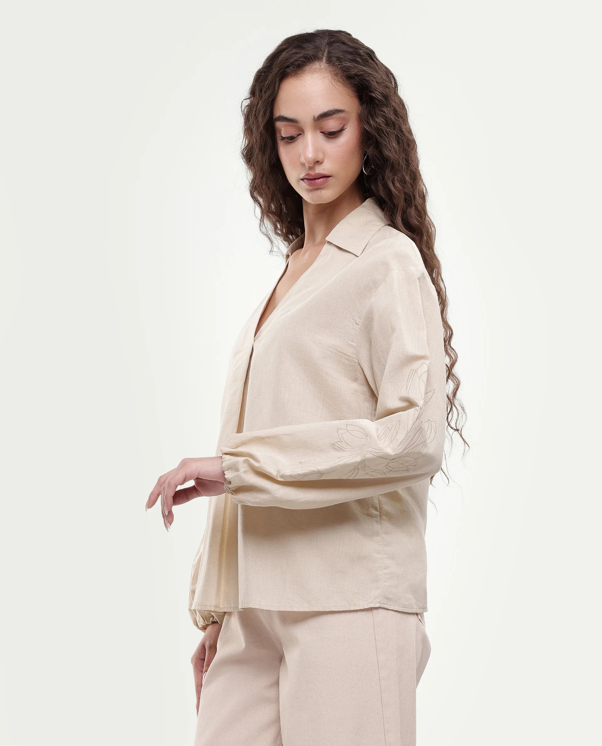 Rareism Women's Ruemb Beige Linen Blend Johnny Collar Relaxed Plain Top