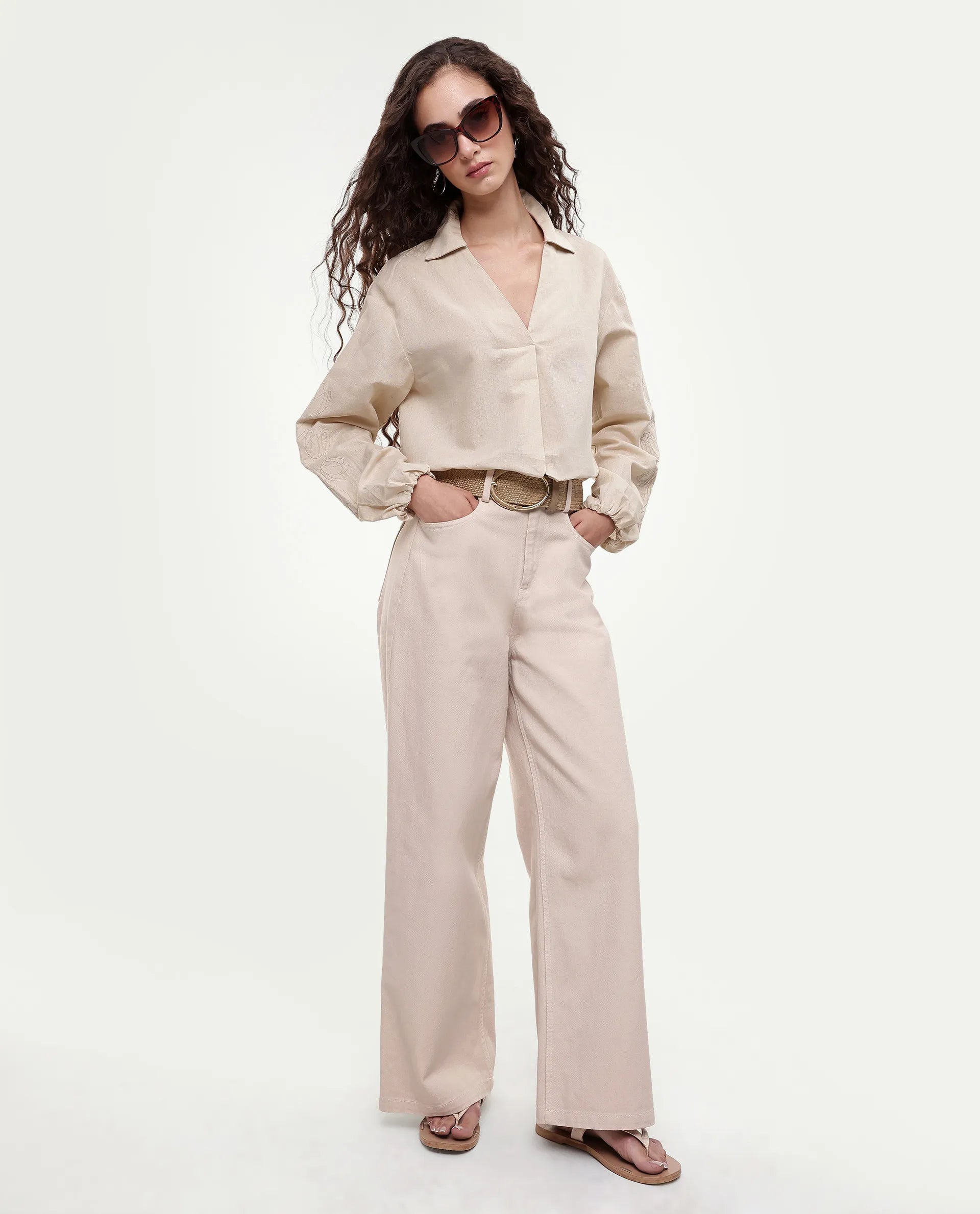 Rareism Women's Ruemb Beige Linen Blend Johnny Collar Relaxed Plain Top