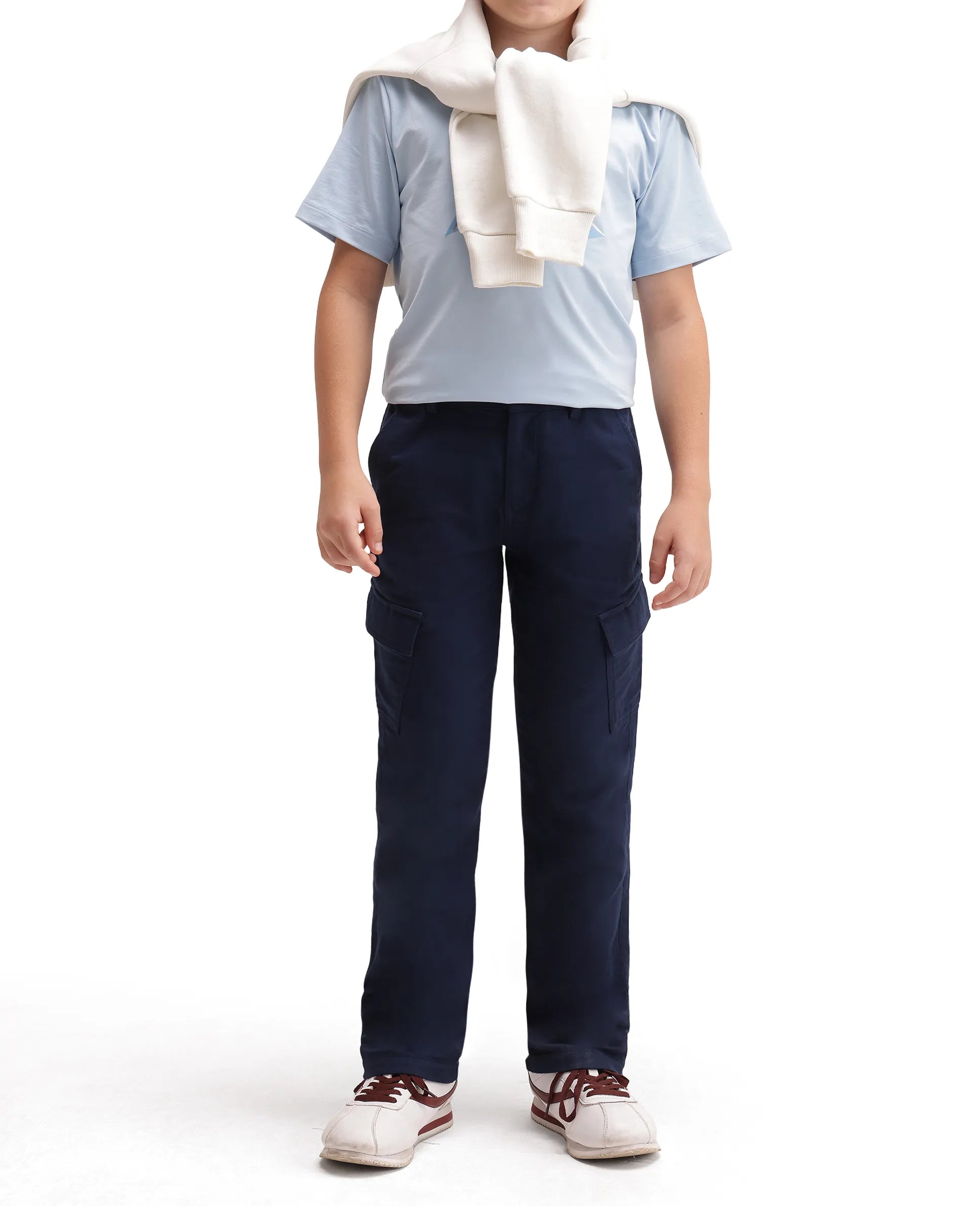 Rare Ones Kids Presso-K-Aw-26 Dark Navy Cotton Fabric Button And Zipper Closure Cargo Trouser