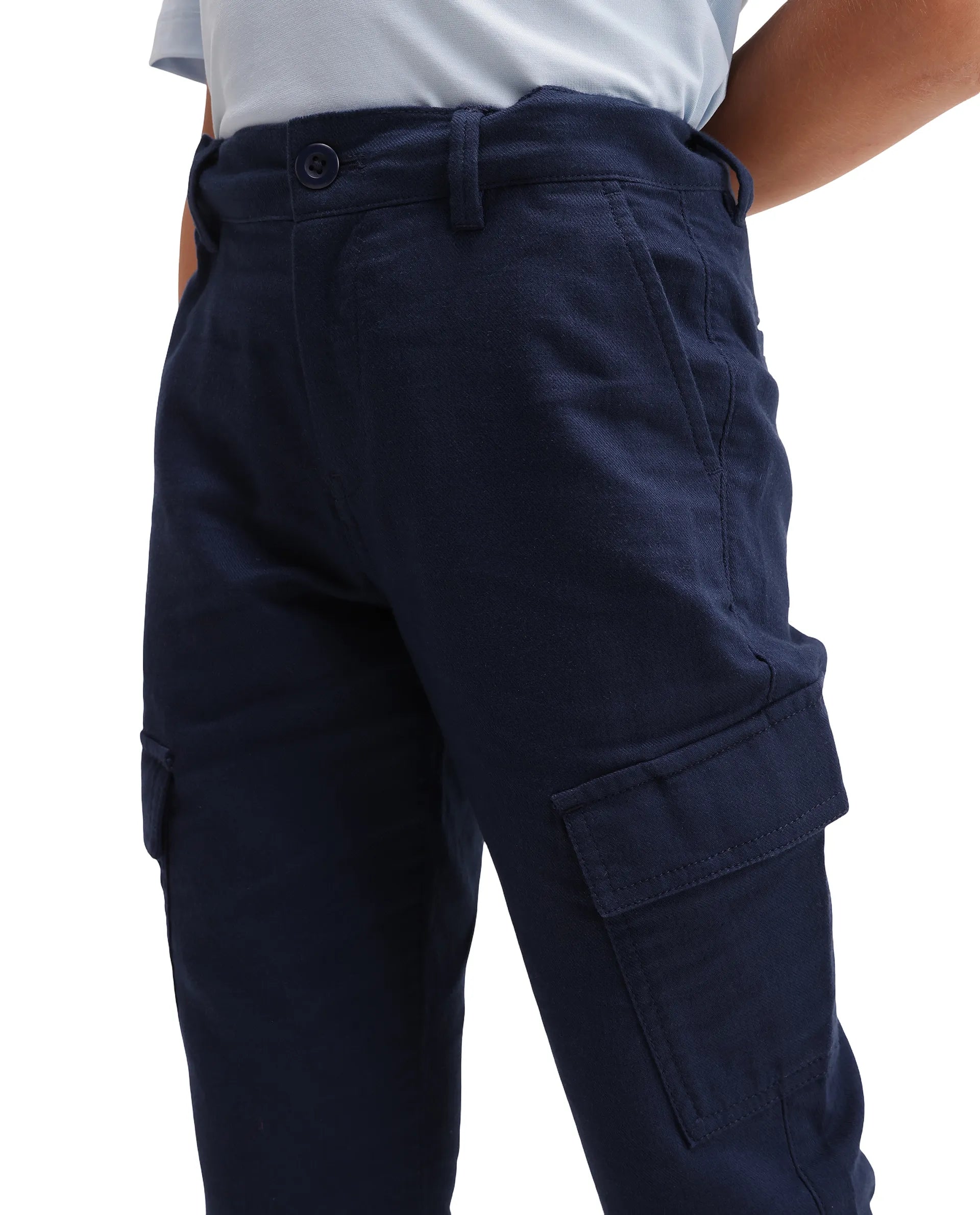 Rare Ones Kids Presso-K-Aw-26 Dark Navy Cotton Fabric Button And Zipper Closure Cargo Trouser
