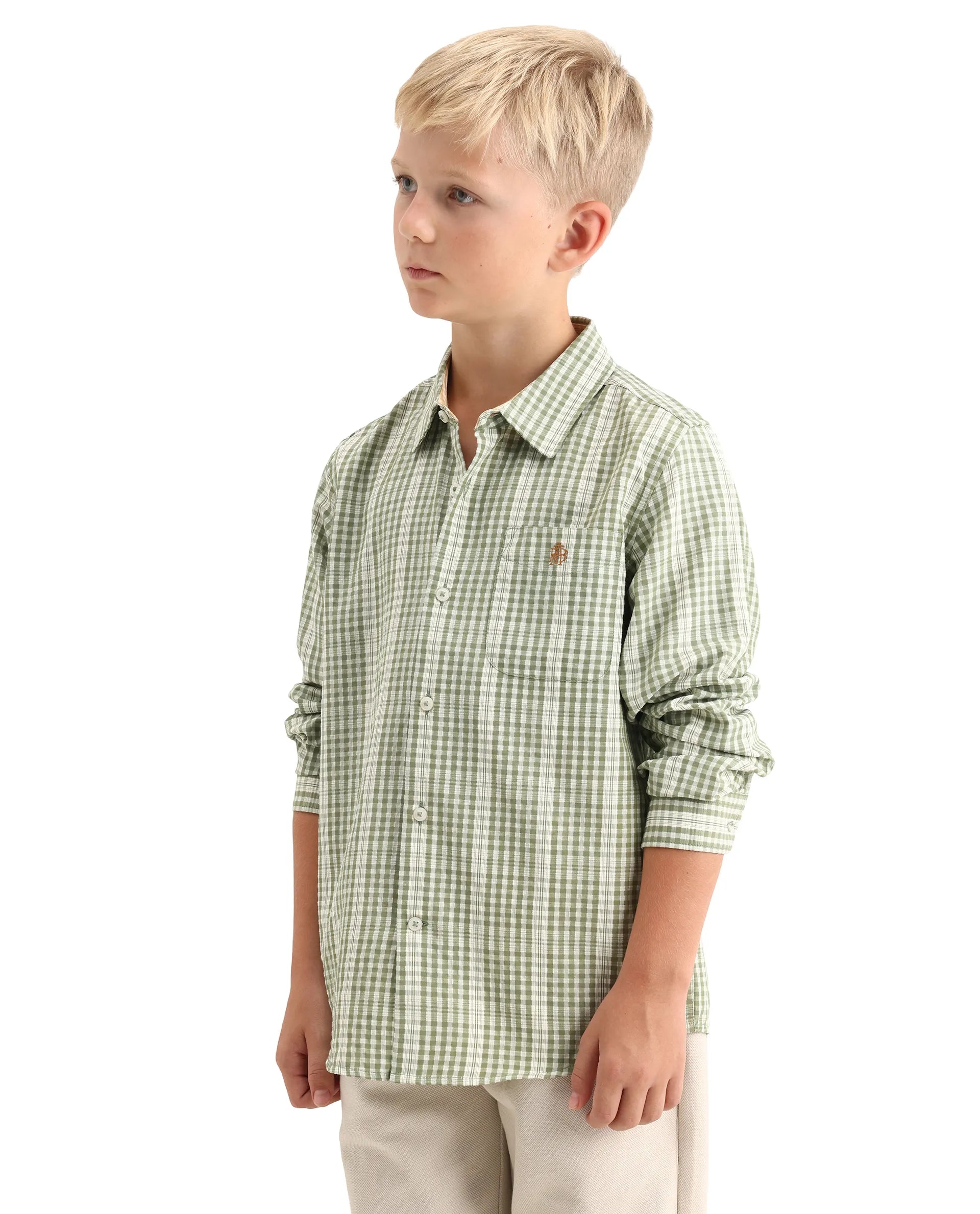 Rare Ones Kids Luton Light Green Polyester Blend Fabric Button Closure Regular Fit Shirt