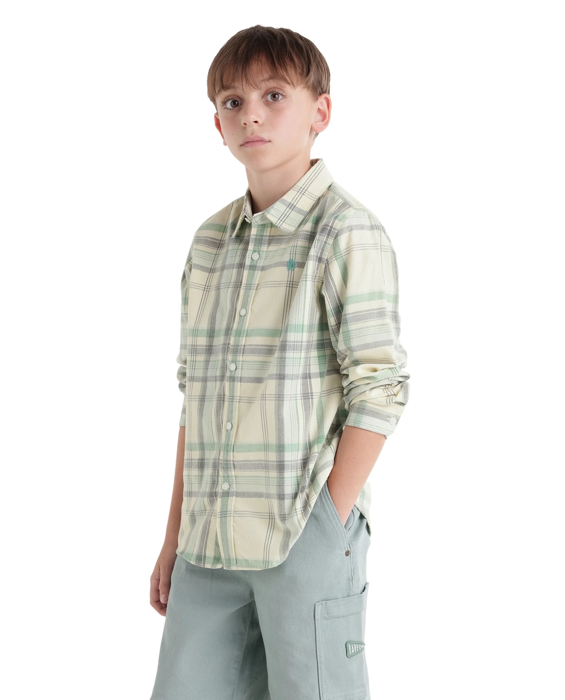 Rare Ones Kids Throo Light Green Cotton Blend Fabric Button Closure Regular Fit Shirt