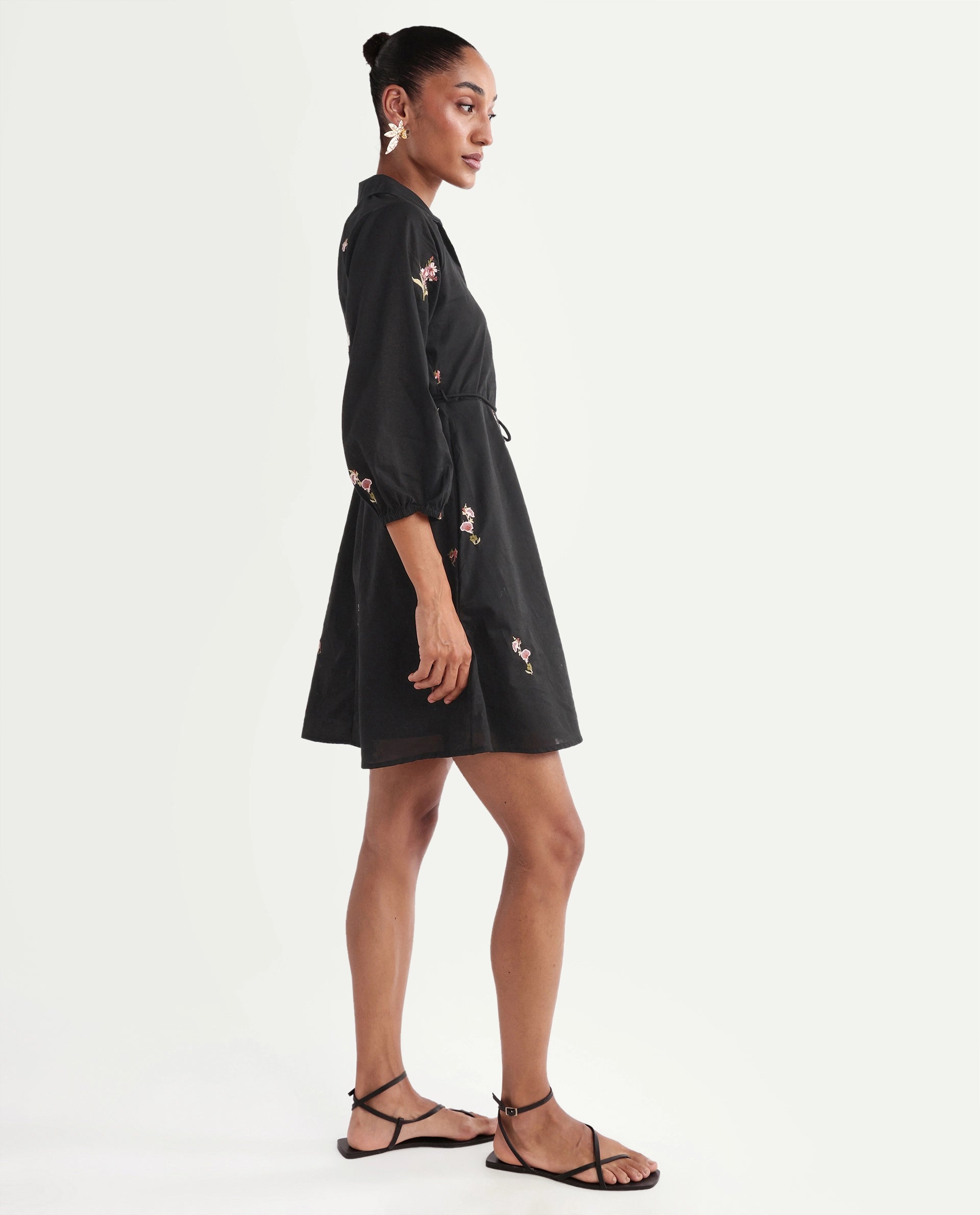 Rareism Women's Calyx Black Viscose Blend Johnny Collar Flared Plain Dress