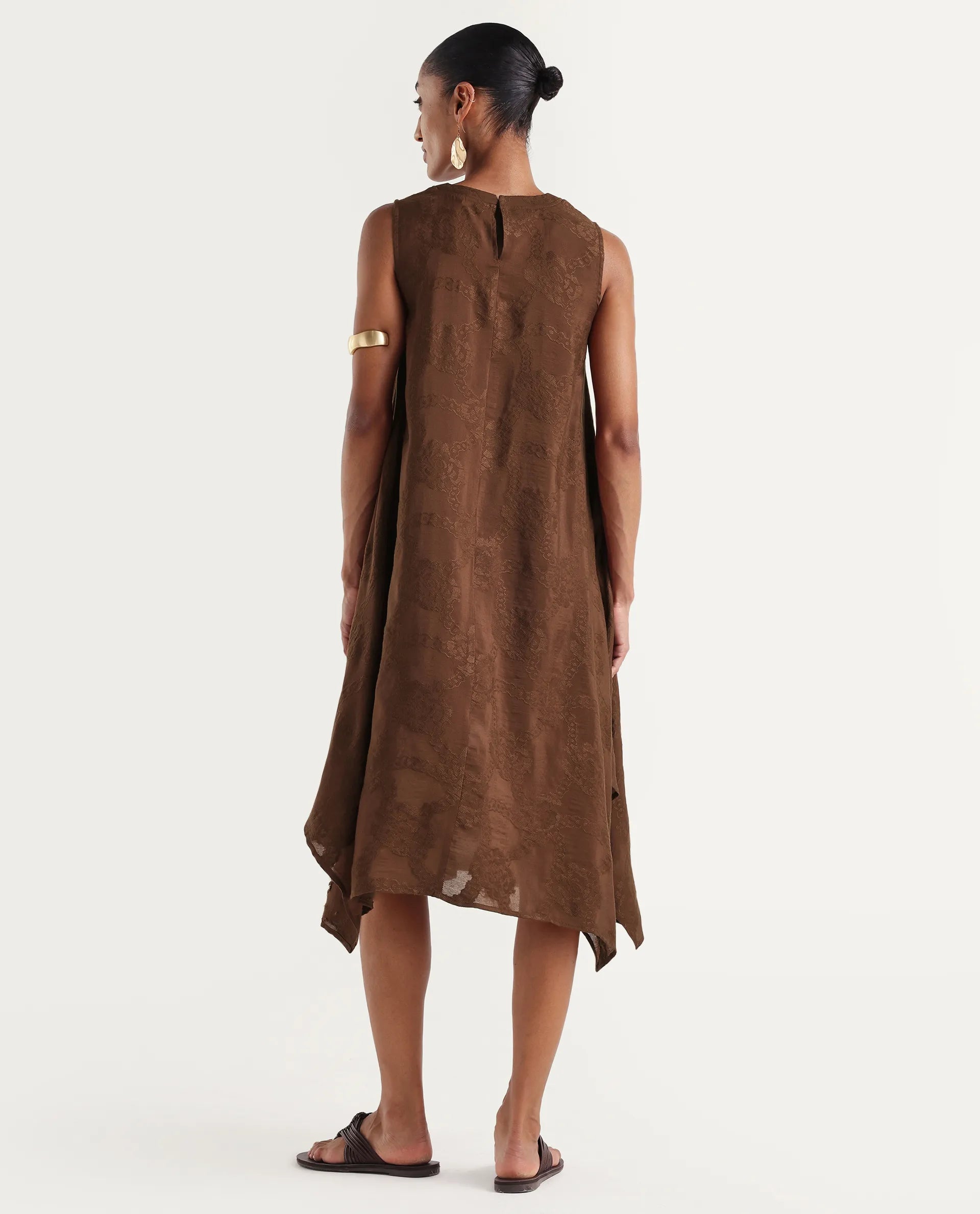Rareism Women's Dassidy Rust Viscose Blend Crew Neck Button A-Line Jacquard Print Dress