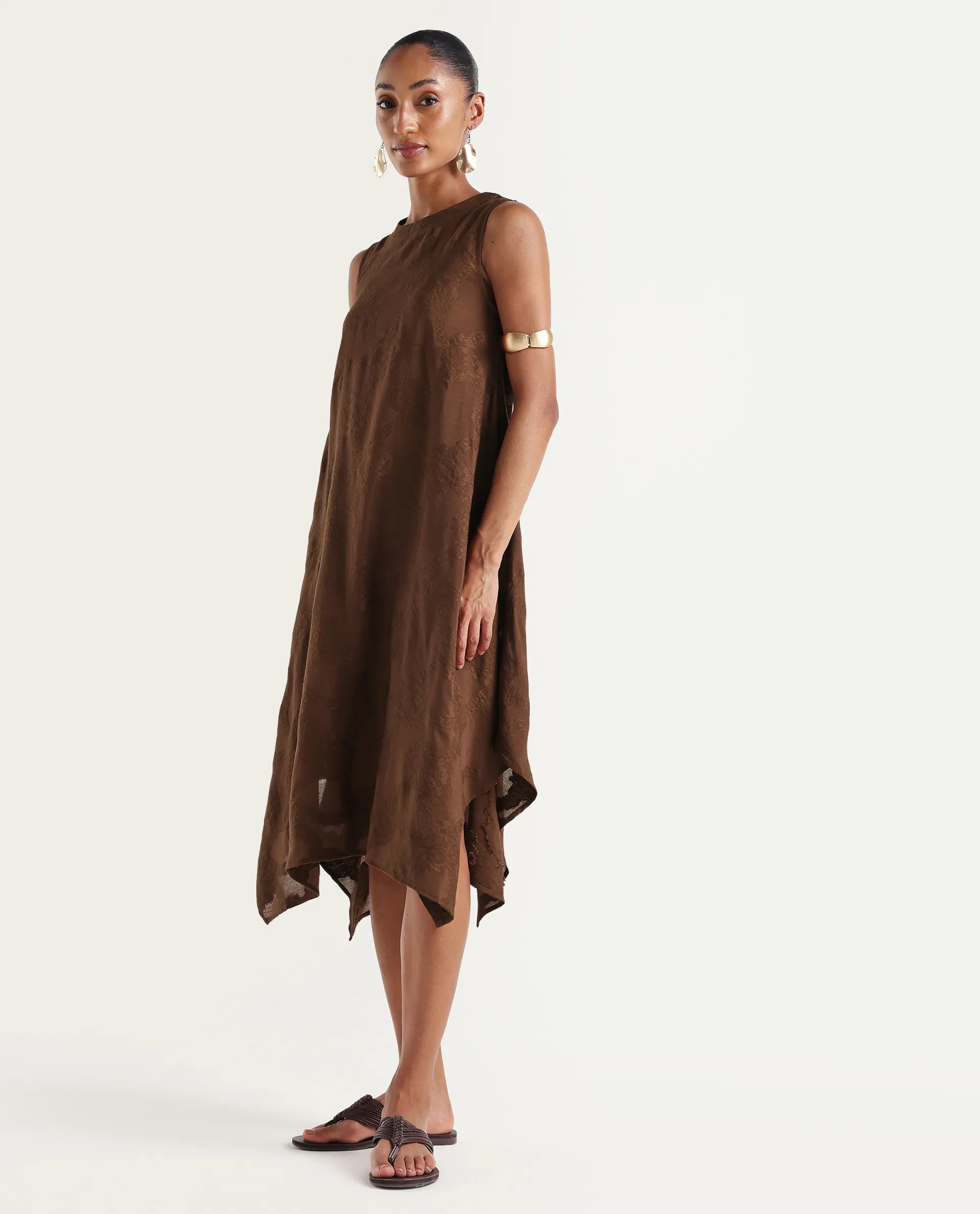 Rareism Women's Dassidy Rust Viscose Blend Crew Neck Button A-Line Jacquard Print Dress