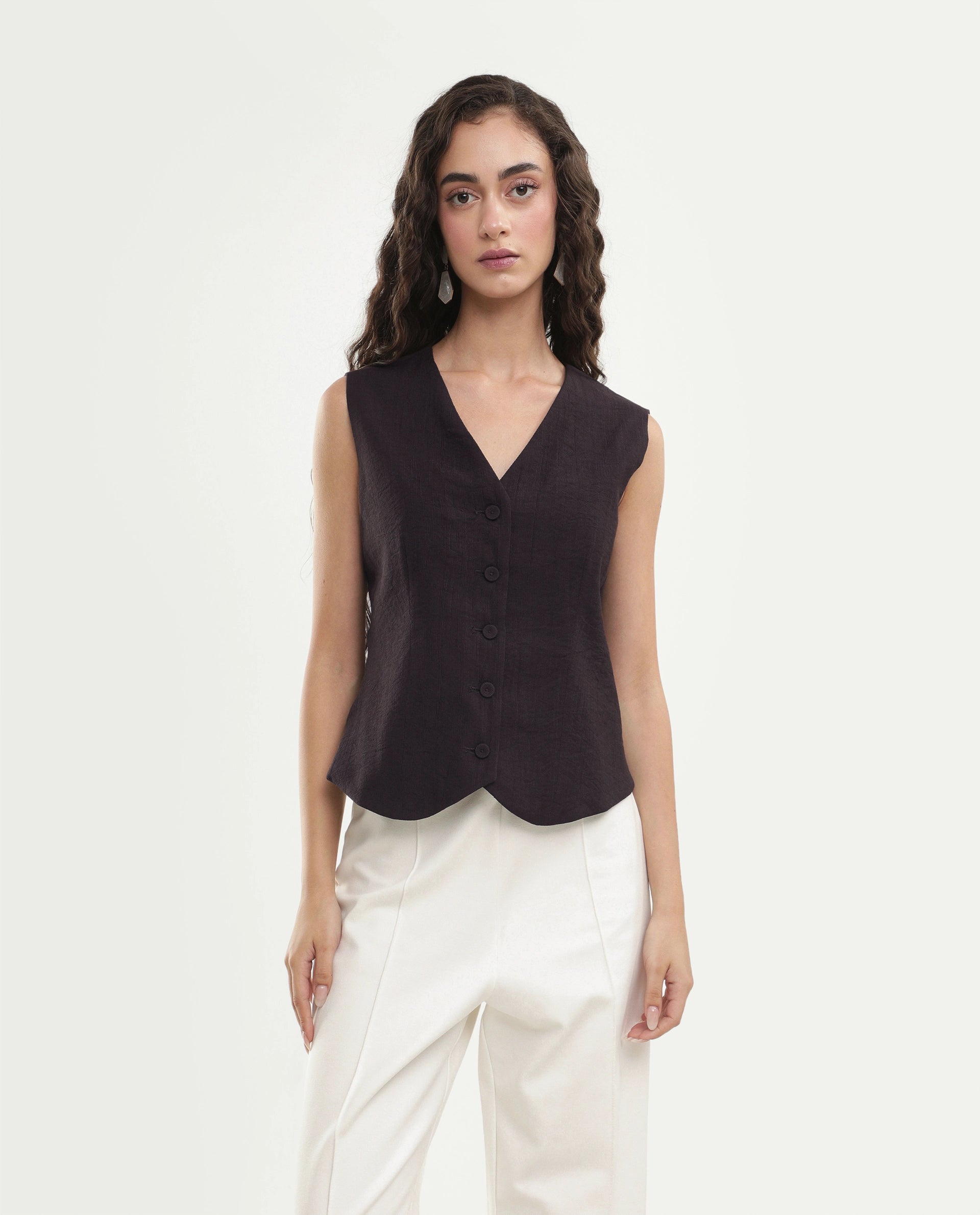 Rareism Women's Diva Brown Viscose Blend V-Neck Button Regular Plain Waist Coat