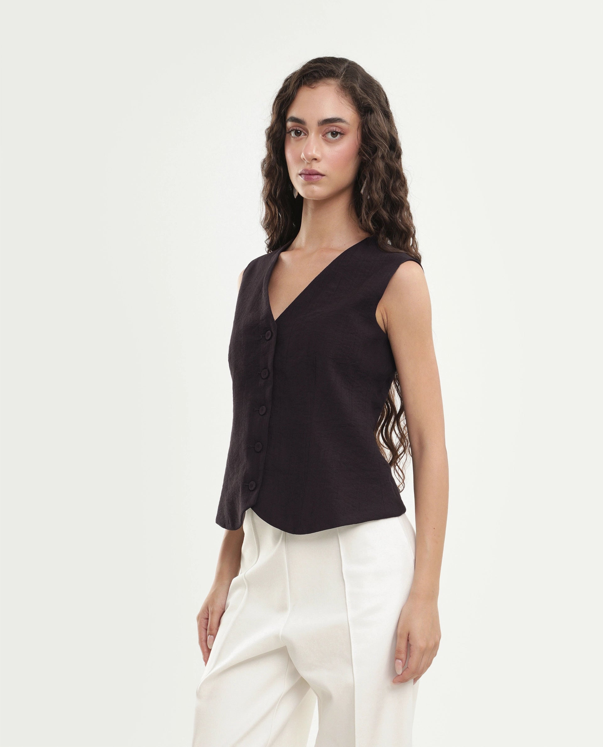 Rareism Women's Diva Brown Viscose Blend V-Neck Button Regular Plain Waist Coat