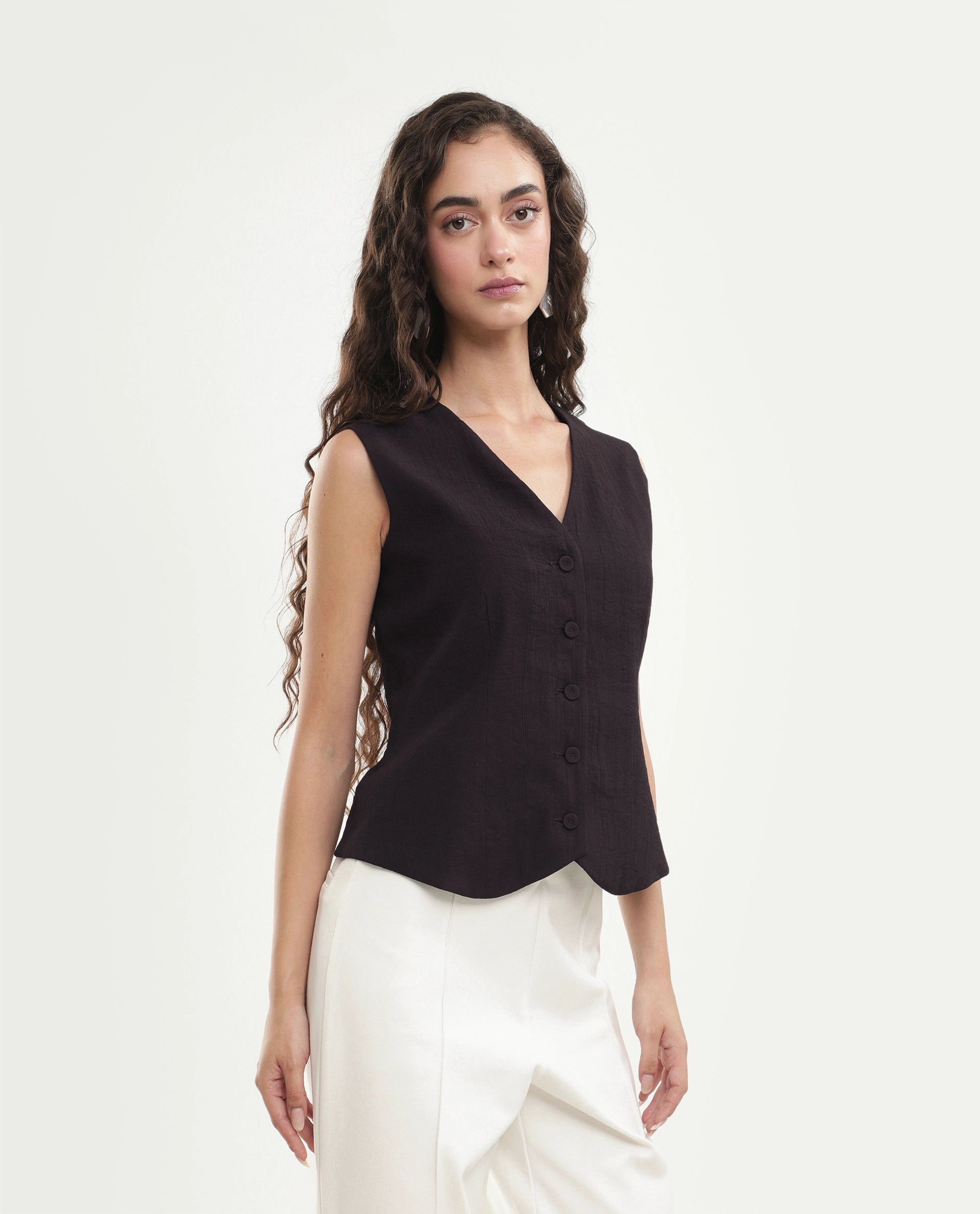 Rareism Women's Diva Brown Viscose Blend V-Neck Button Regular Plain Waist Coat