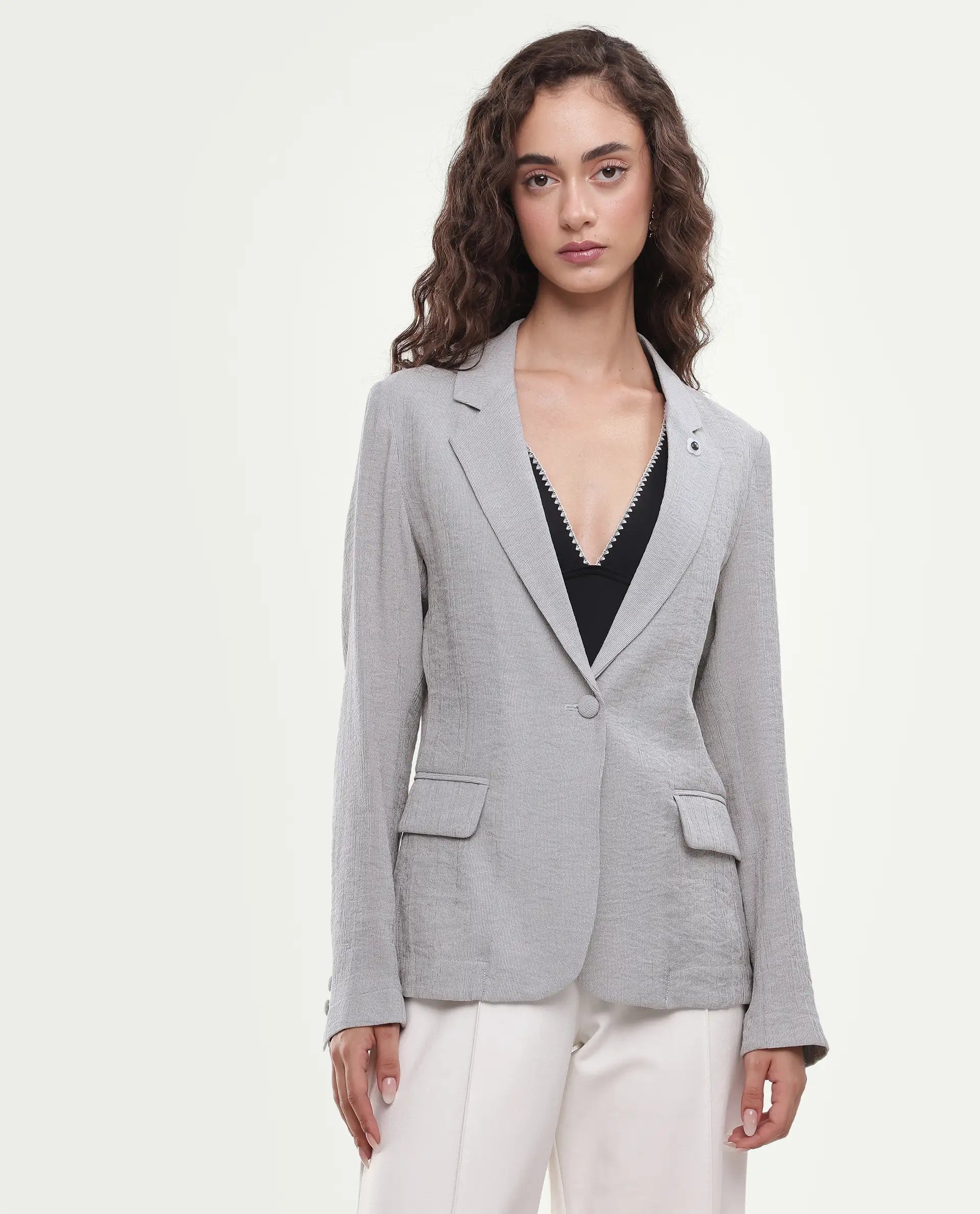 Rareism Women's Diza Grey Plain Viscose Blend Regular Long Sleeves Blazer