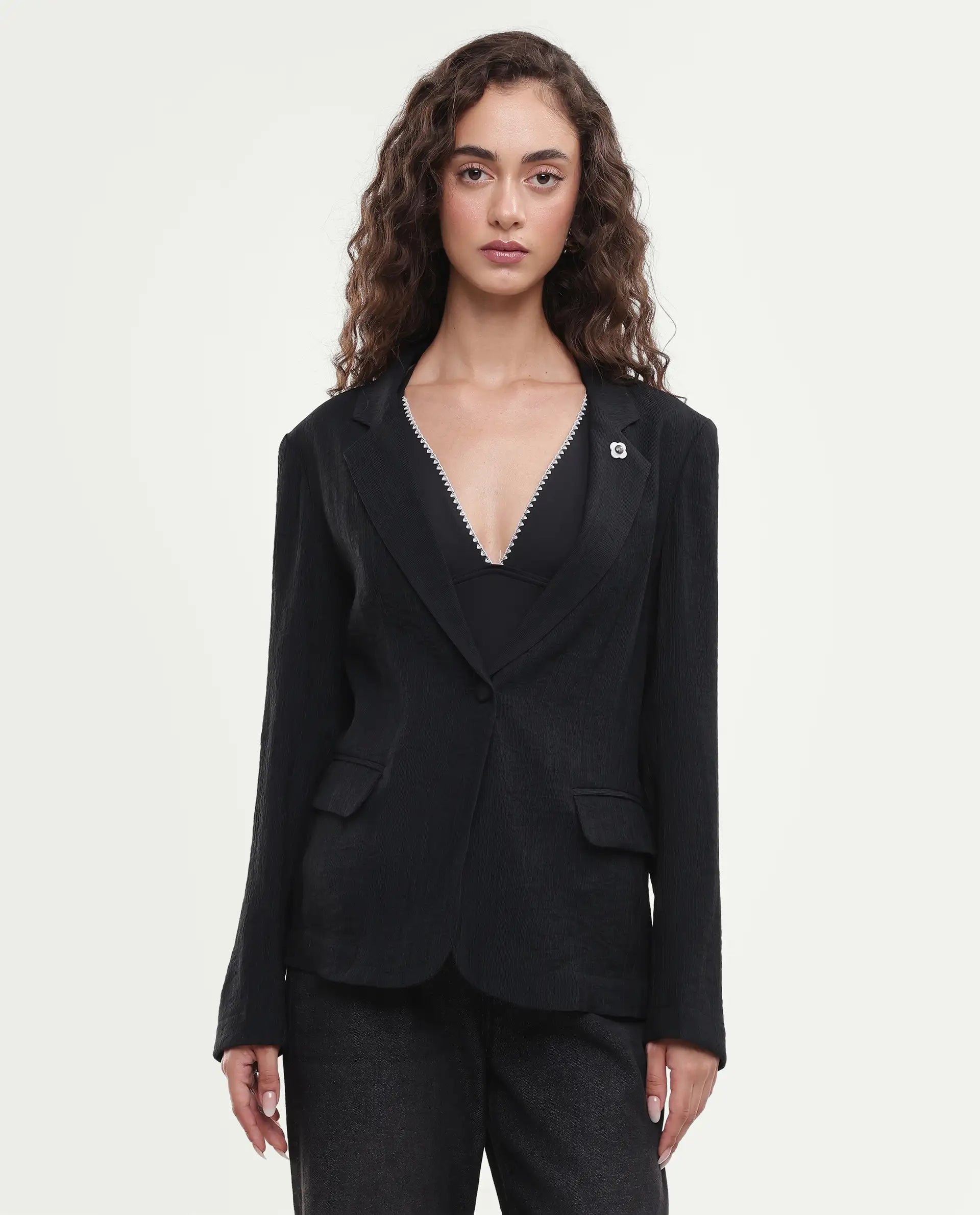 Rareism Women's Diza Black Viscose Blend Lapel Neck Button Regular Plain Blazer