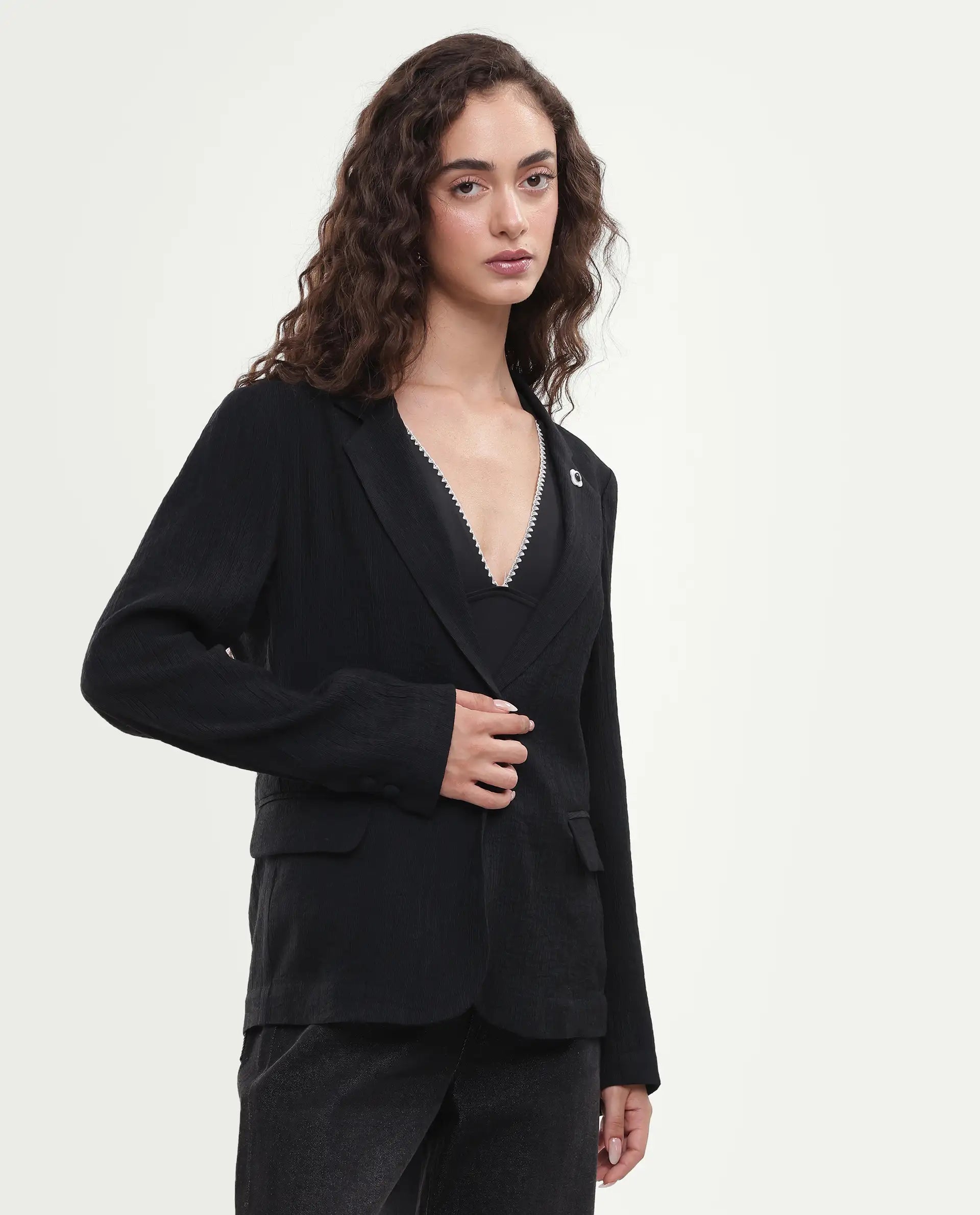 Rareism Women's Diza Black Viscose Blend Lapel Neck Button Regular Plain Blazer