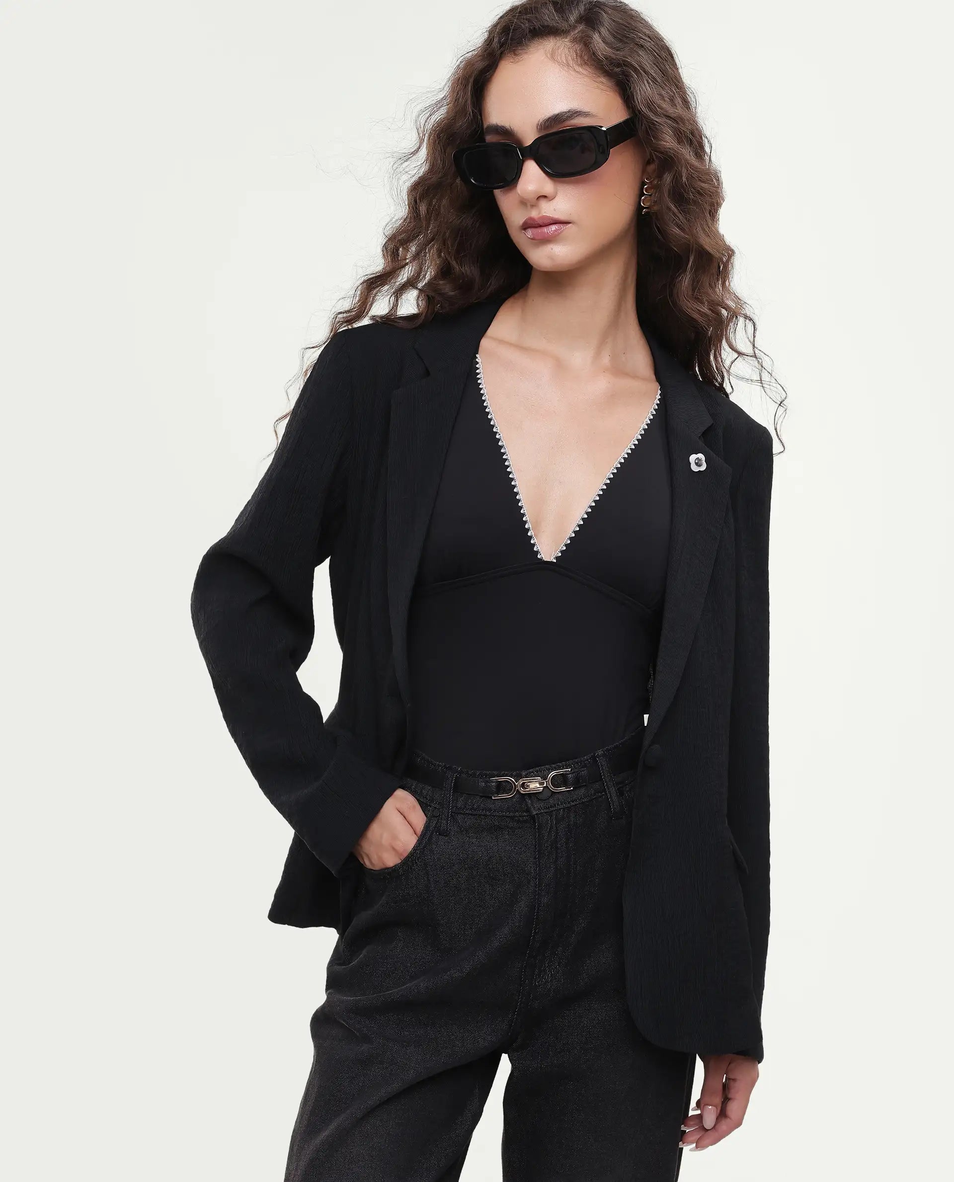 Rareism Women's Diza Black Viscose Blend Lapel Neck Button Regular Plain Blazer