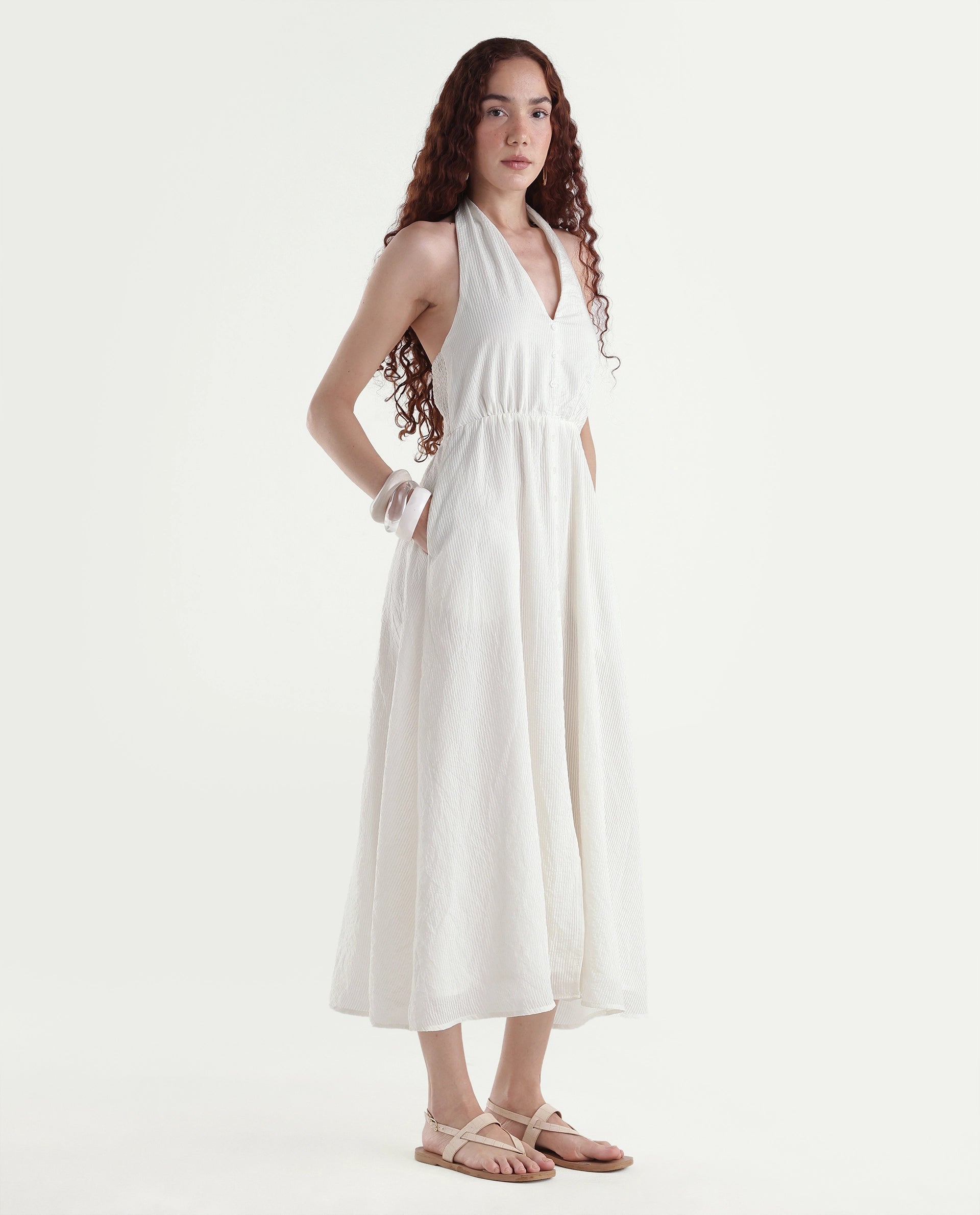 Rareism Women's Domaxa Off White Plain Viscose Blend Fit And Flare Sleeveless Dress