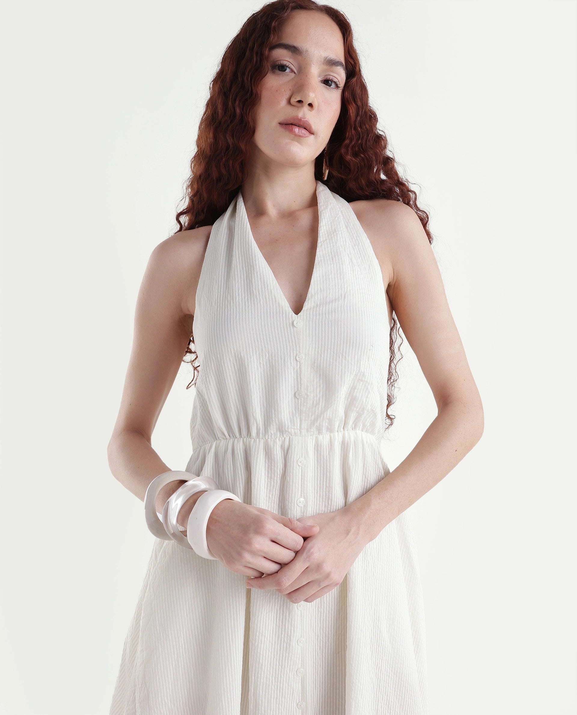 Rareism Women's Domaxa Off White Plain Viscose Blend Fit And Flare Sleeveless Dress