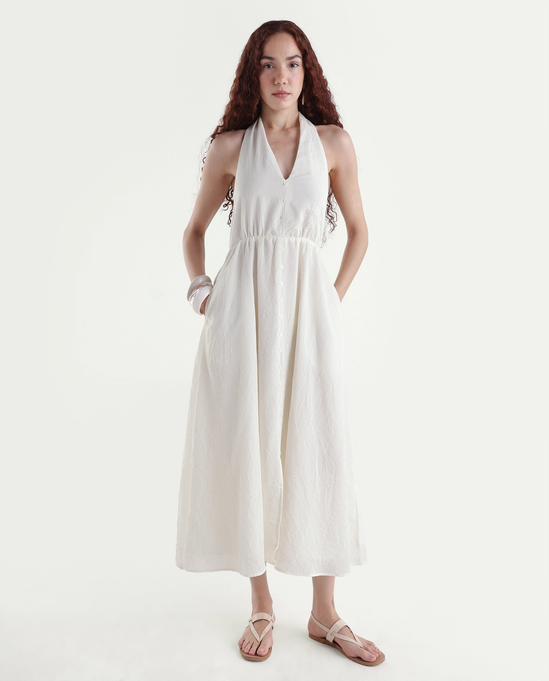 Rareism Women's Domaxa Off White Plain Viscose Blend Fit And Flare Sleeveless Dress