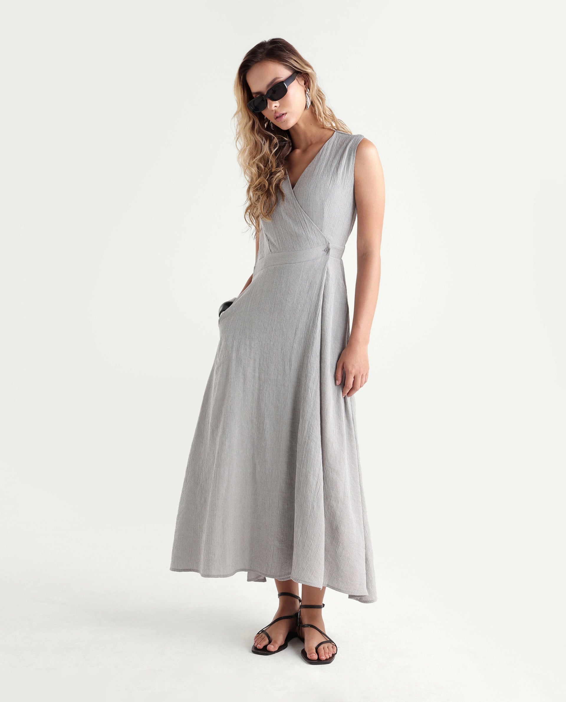 Rareism Women's Dusic Grey Viscose Blend Over Lap Button Fit And Flare Plain Dress