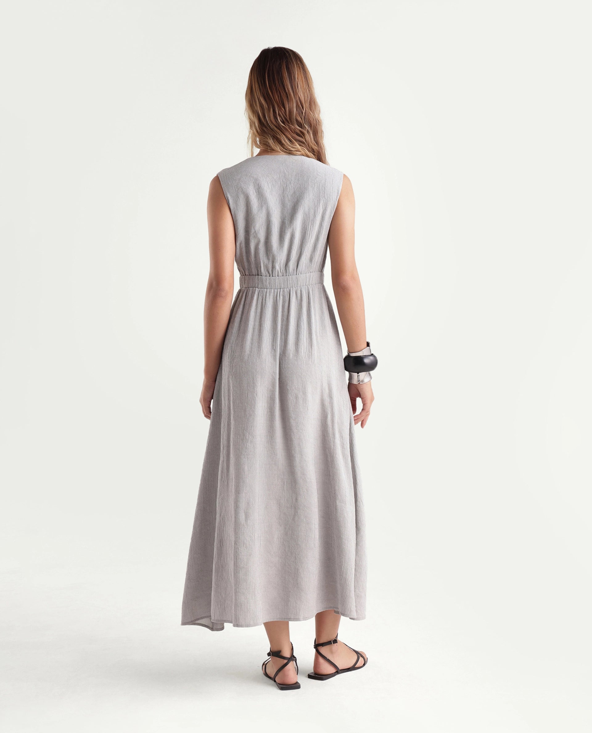 Rareism Women's Dusic Grey Viscose Blend Over Lap Button Fit And Flare Plain Dress