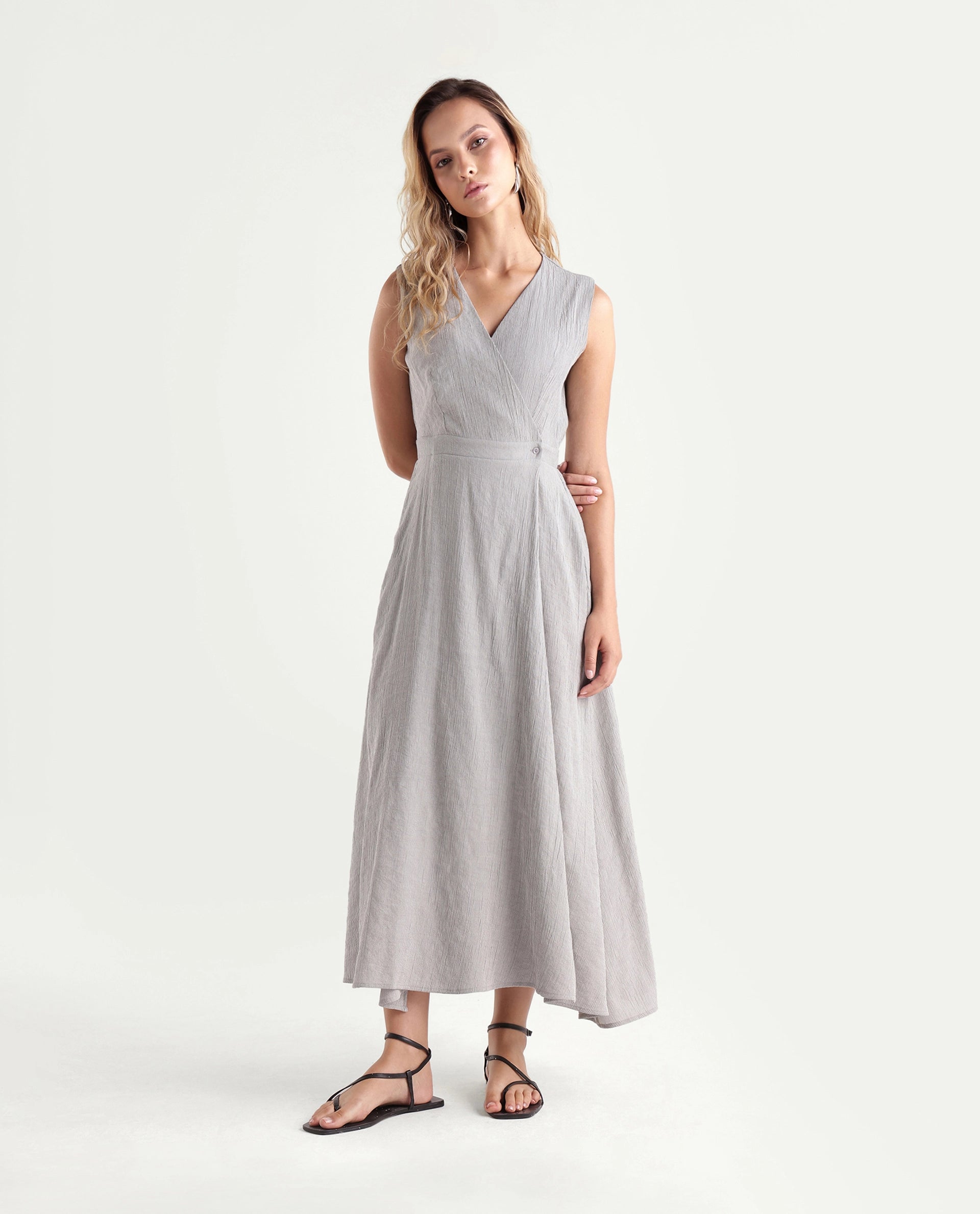 Rareism Women's Dusic Grey Viscose Blend Over Lap Button Fit And Flare Plain Dress