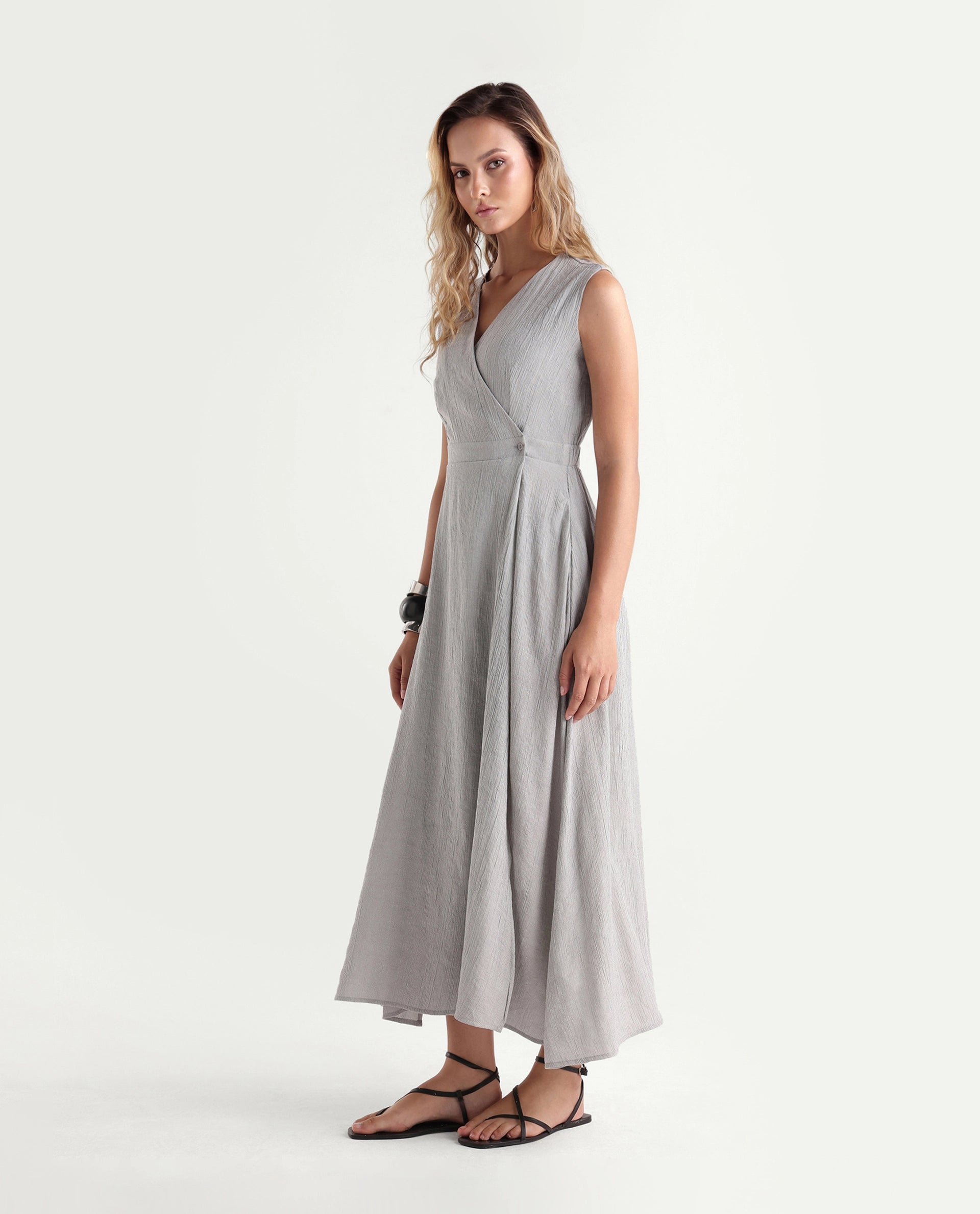 Rareism Women's Dusic Grey Viscose Blend Over Lap Button Fit And Flare Plain Dress