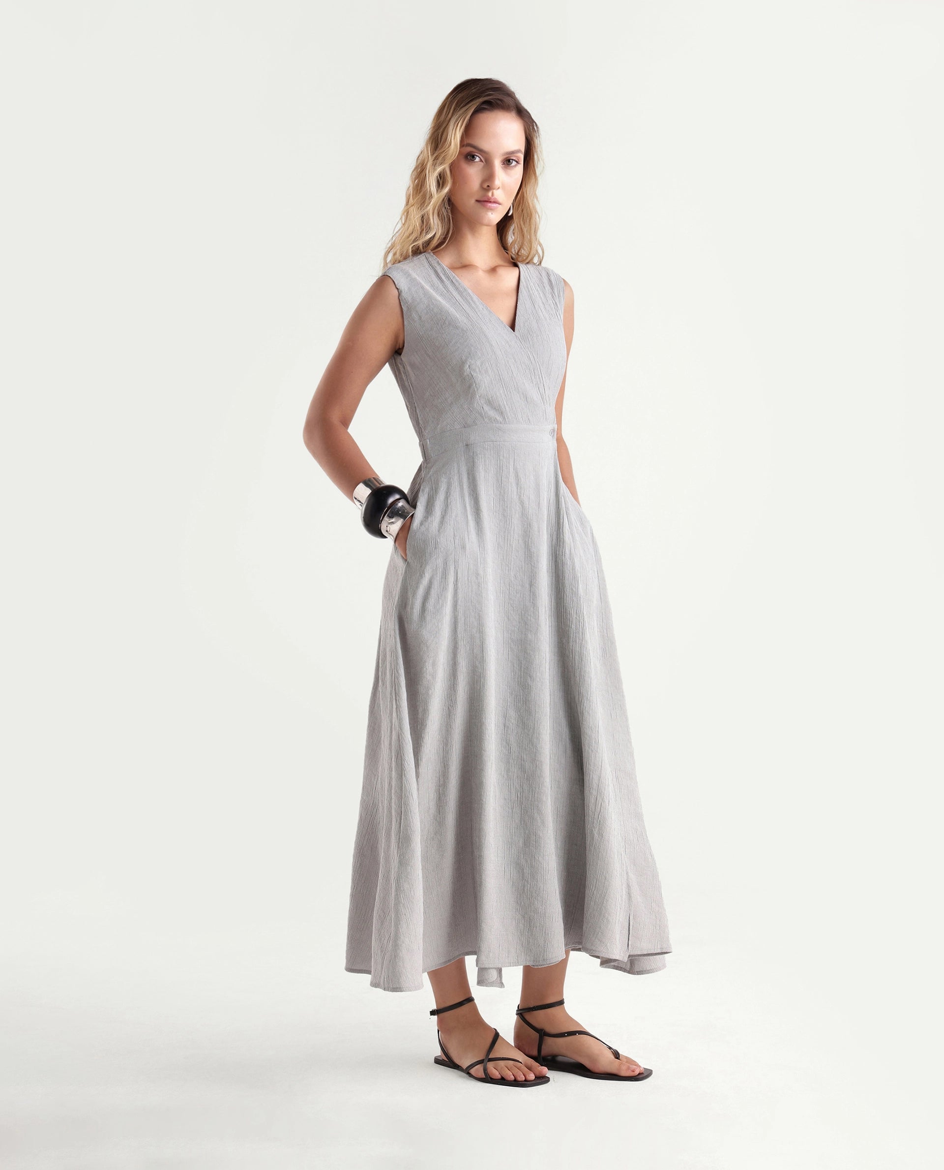 Rareism Women's Dusic Grey Viscose Blend Over Lap Button Fit And Flare Plain Dress
