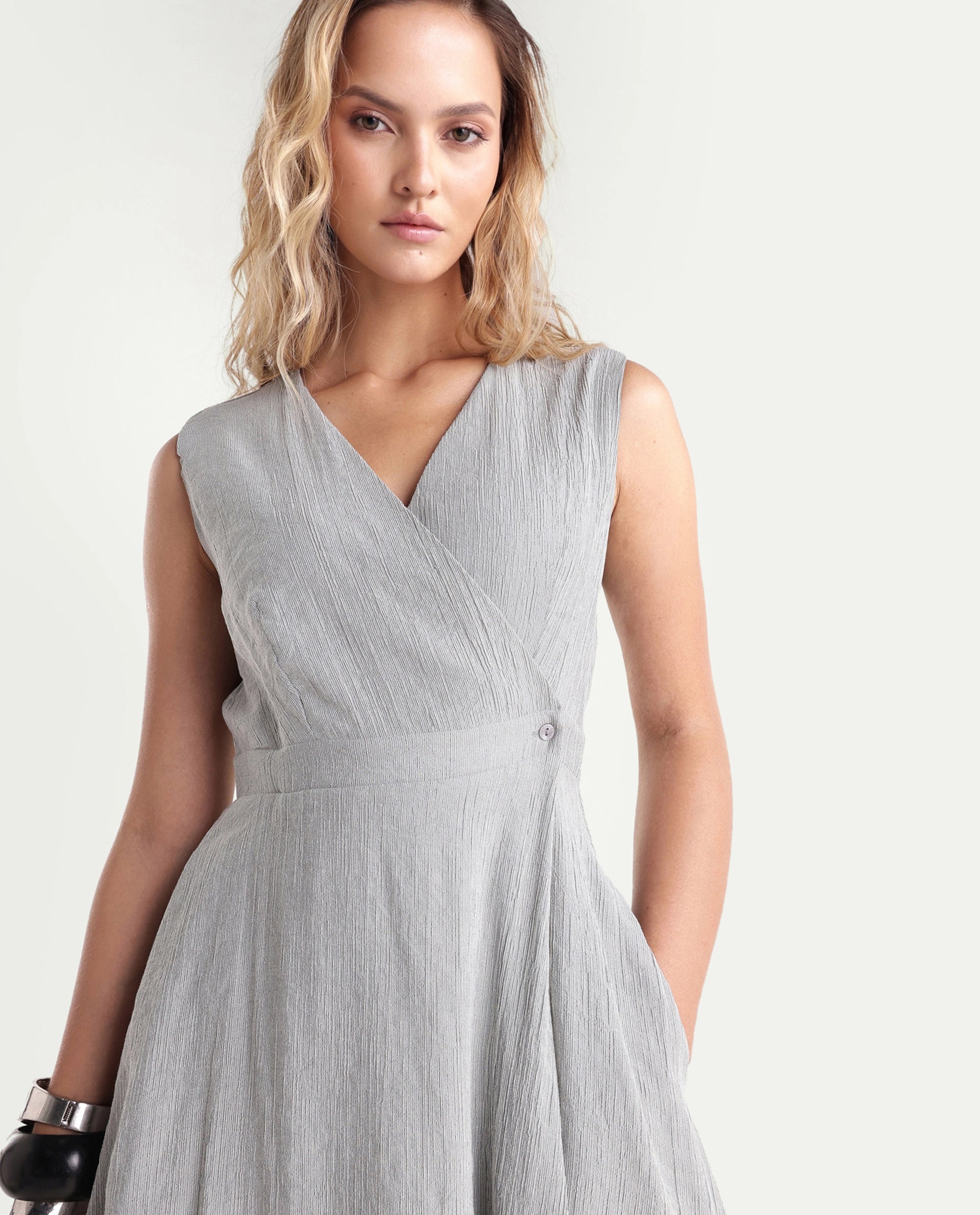 Rareism Women's Dusic Grey Viscose Blend Over Lap Button Fit And Flare Plain Dress