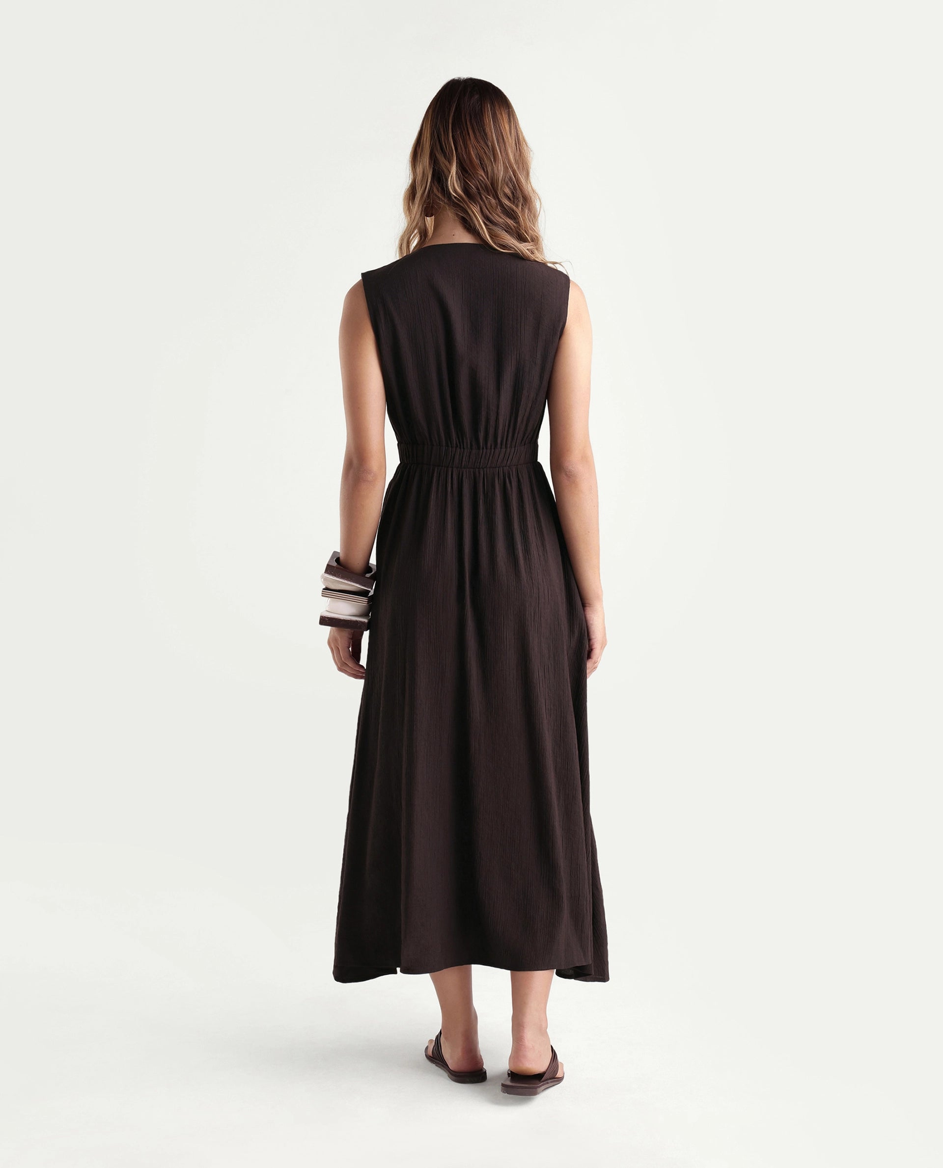 Rareism Women's Dusic Brown Viscose Blend Over Lap Button Fit And Flare Plain Dress