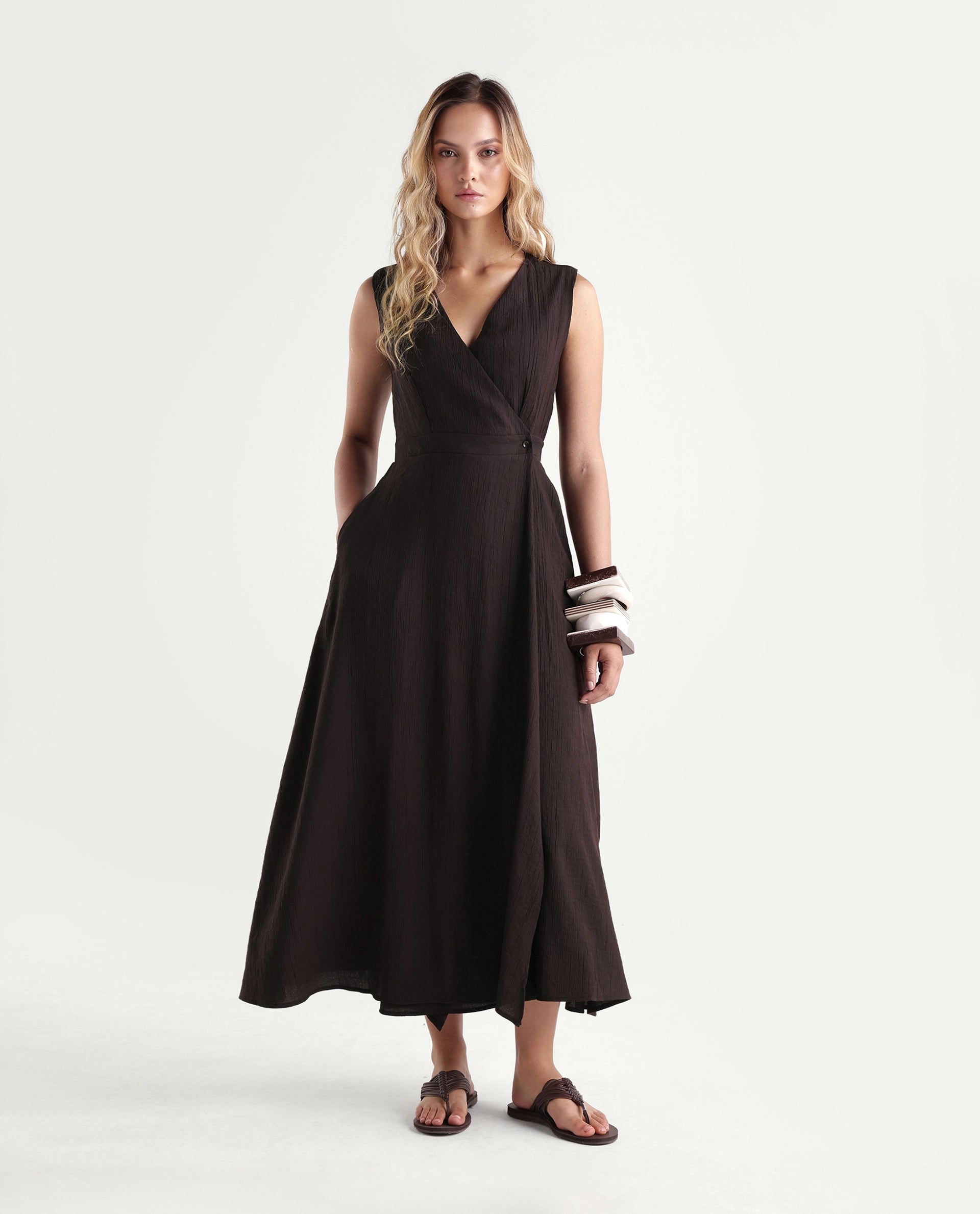 Rareism Women's Dusic Brown Viscose Blend Over Lap Button Fit And Flare Plain Dress