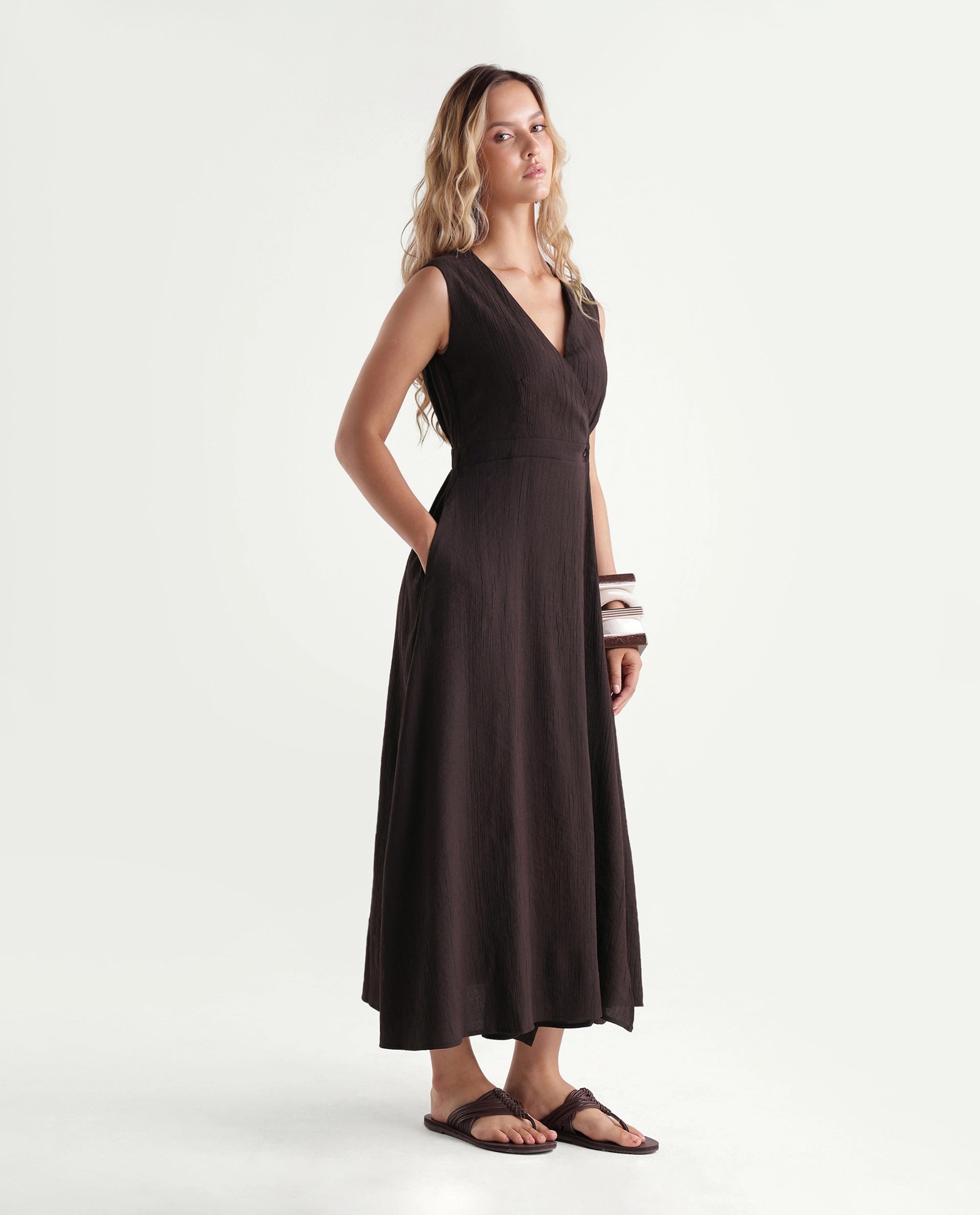 Rareism Women's Dusic Brown Viscose Blend Over Lap Button Fit And Flare Plain Dress