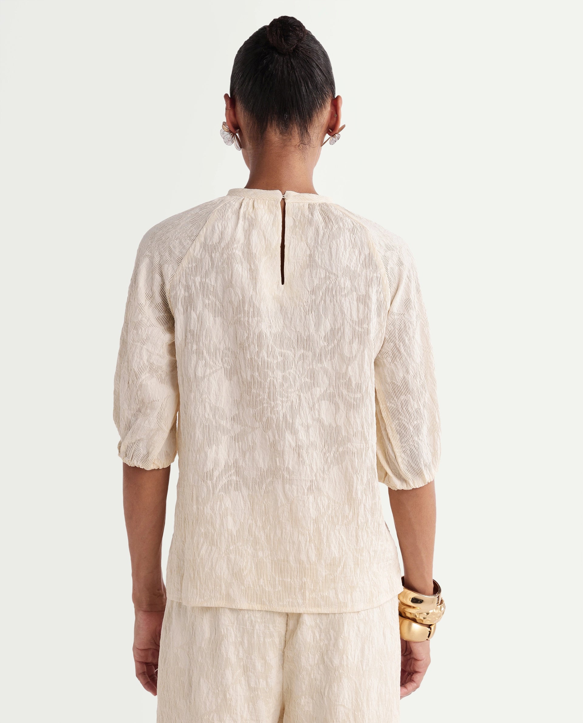 Rareism Women's Hanto-T Off White Cotton Band Collar Regular Plain Top