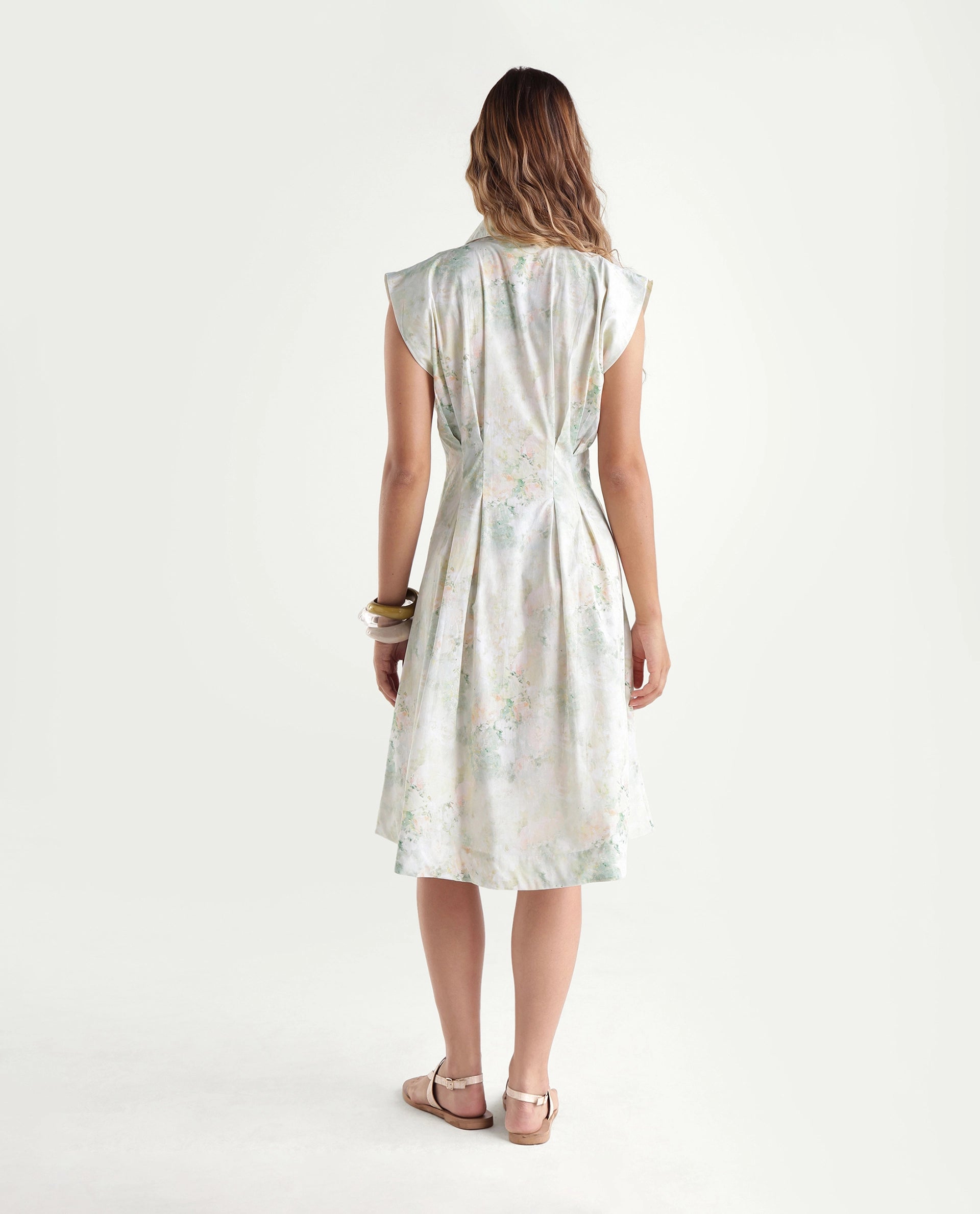 Rareism Women's Hiano Light Green Cotton Fabric Spread Collar Fit And Flare All Over Print Dress