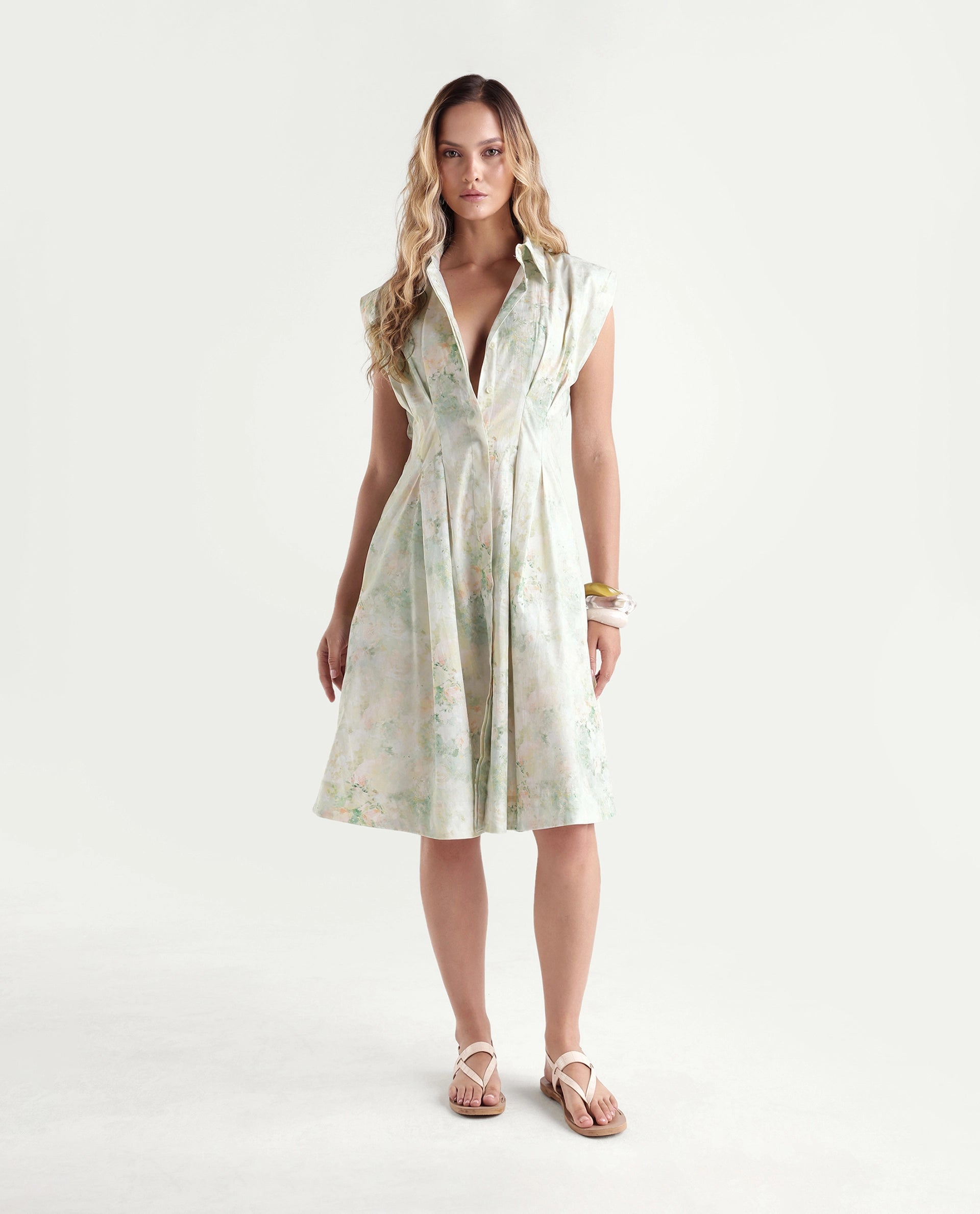Rareism Women's Hiano Light Green Cotton Fabric Spread Collar Fit And Flare All Over Print Dress