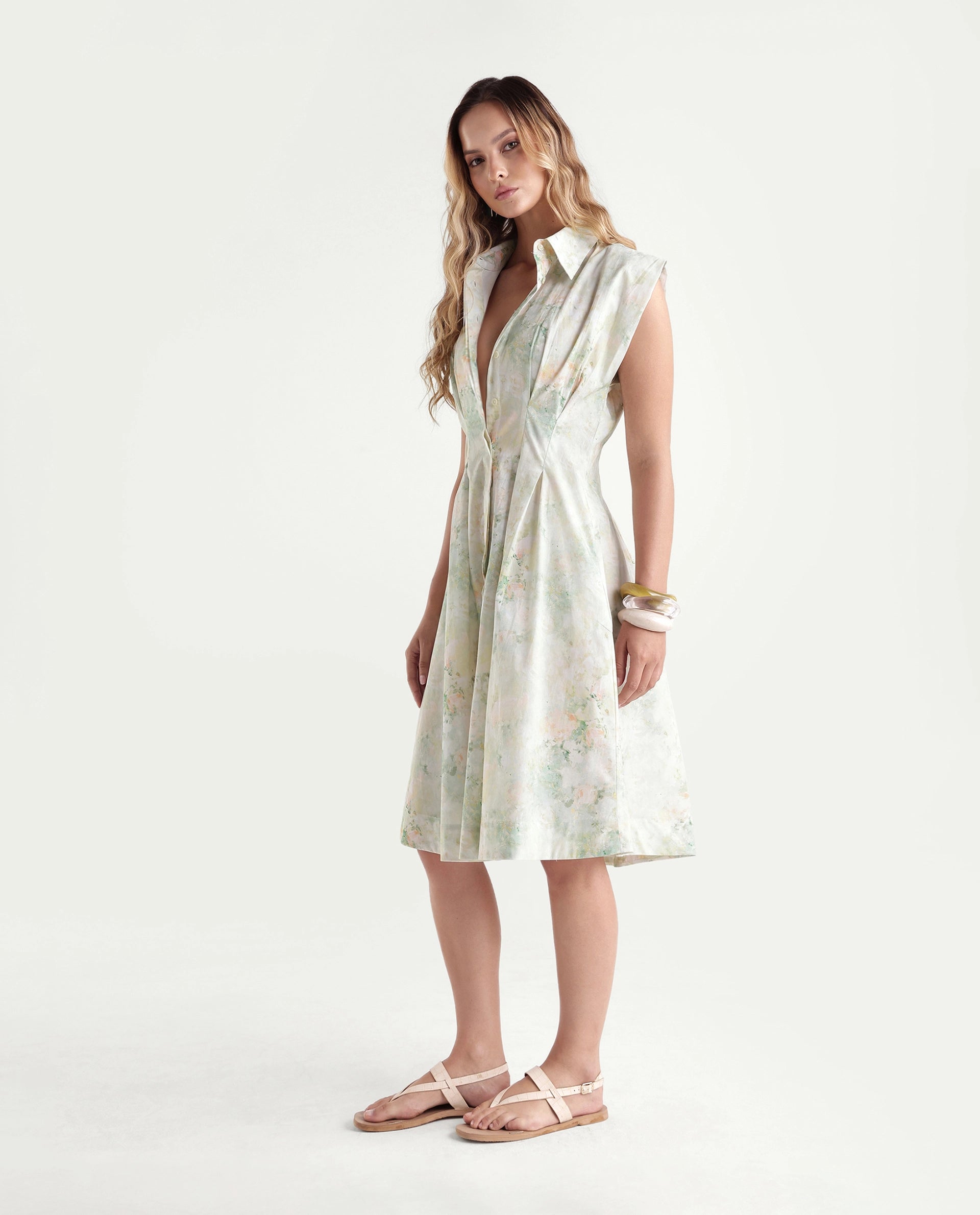 Rareism Women's Hiano Light Green Cotton Fabric Spread Collar Fit And Flare All Over Print Dress