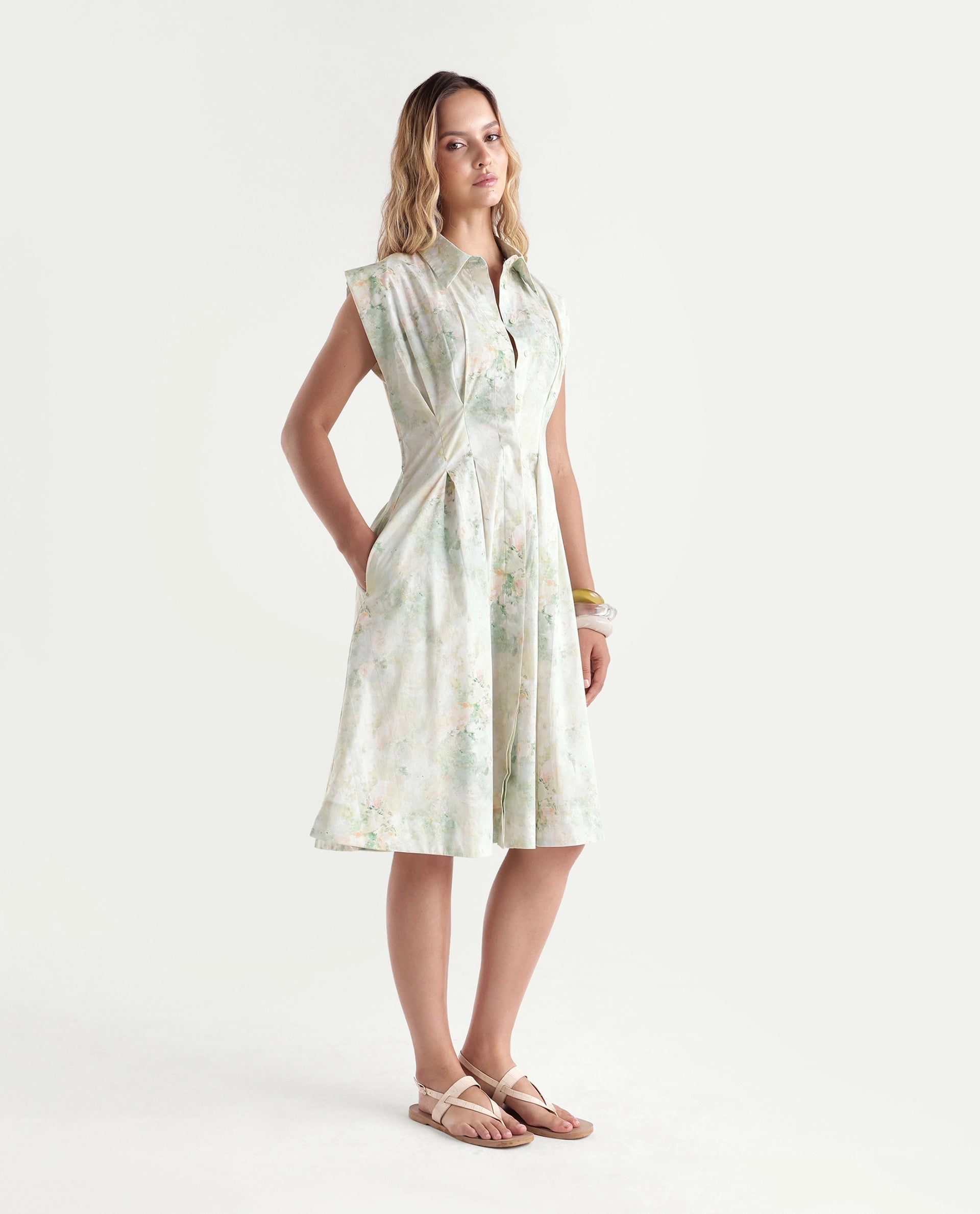 Rareism Women's Hiano Light Green Cotton Fabric Spread Collar Fit And Flare All Over Print Dress