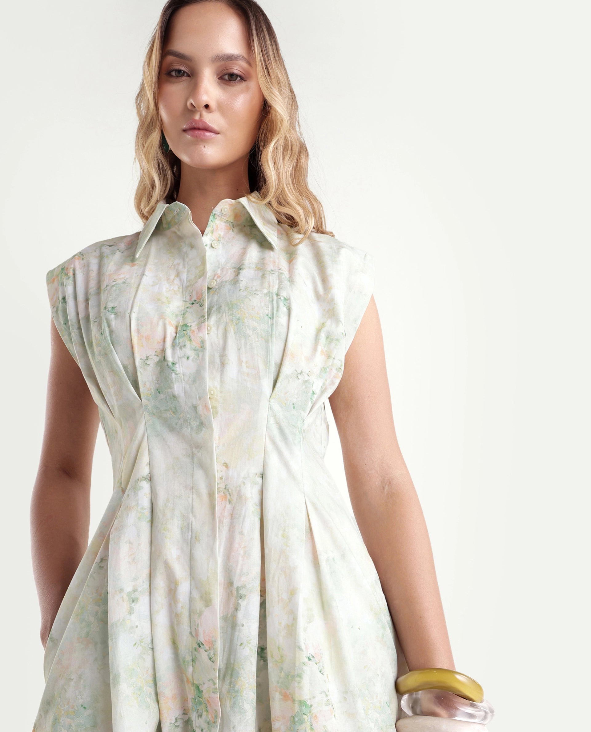 Rareism Women's Hiano Light Green Cotton Fabric Spread Collar Fit And Flare All Over Print Dress