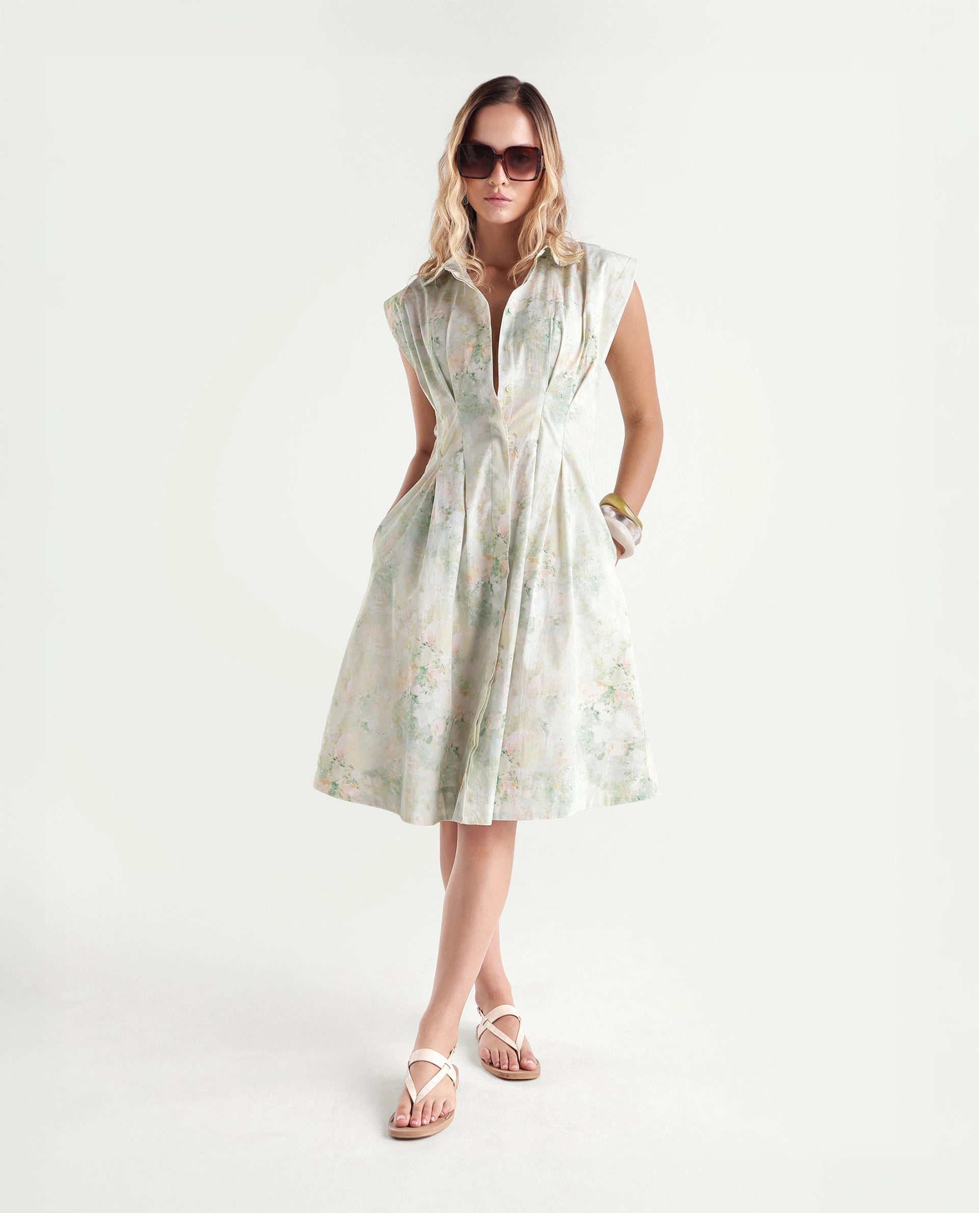 Rareism Women's Hiano Light Green Cotton Fabric Spread Collar Fit And Flare All Over Print Dress