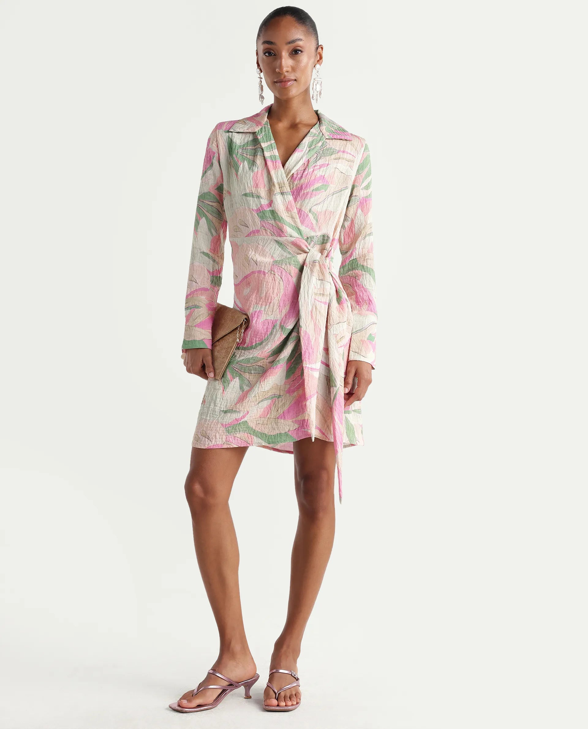 Rareism Women's Hiro Multi Viscose Blend Johnny Collar Wrap Abstract Print Dress