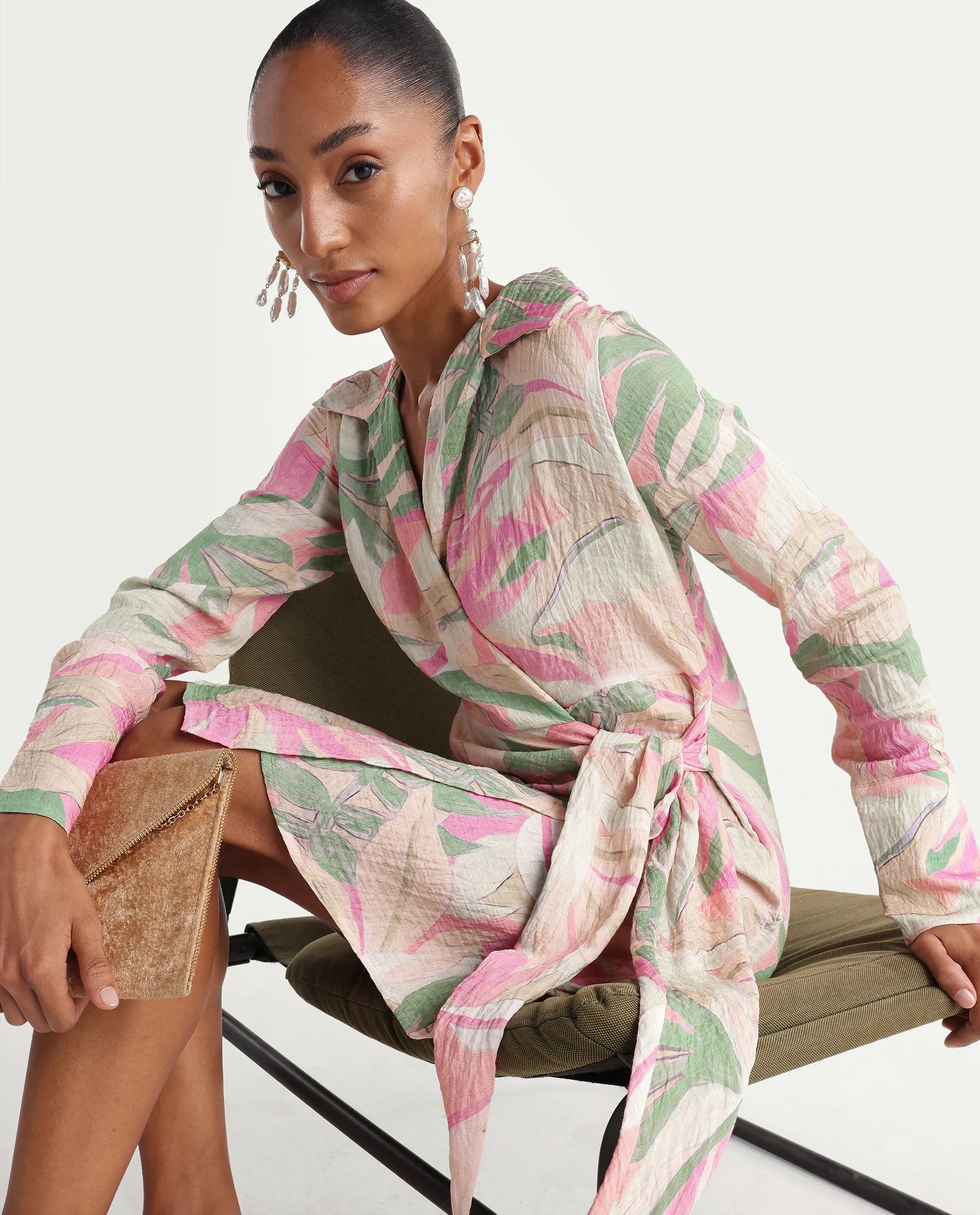 Rareism Women's Hiro Multi Viscose Blend Johnny Collar Wrap Abstract Print Dress