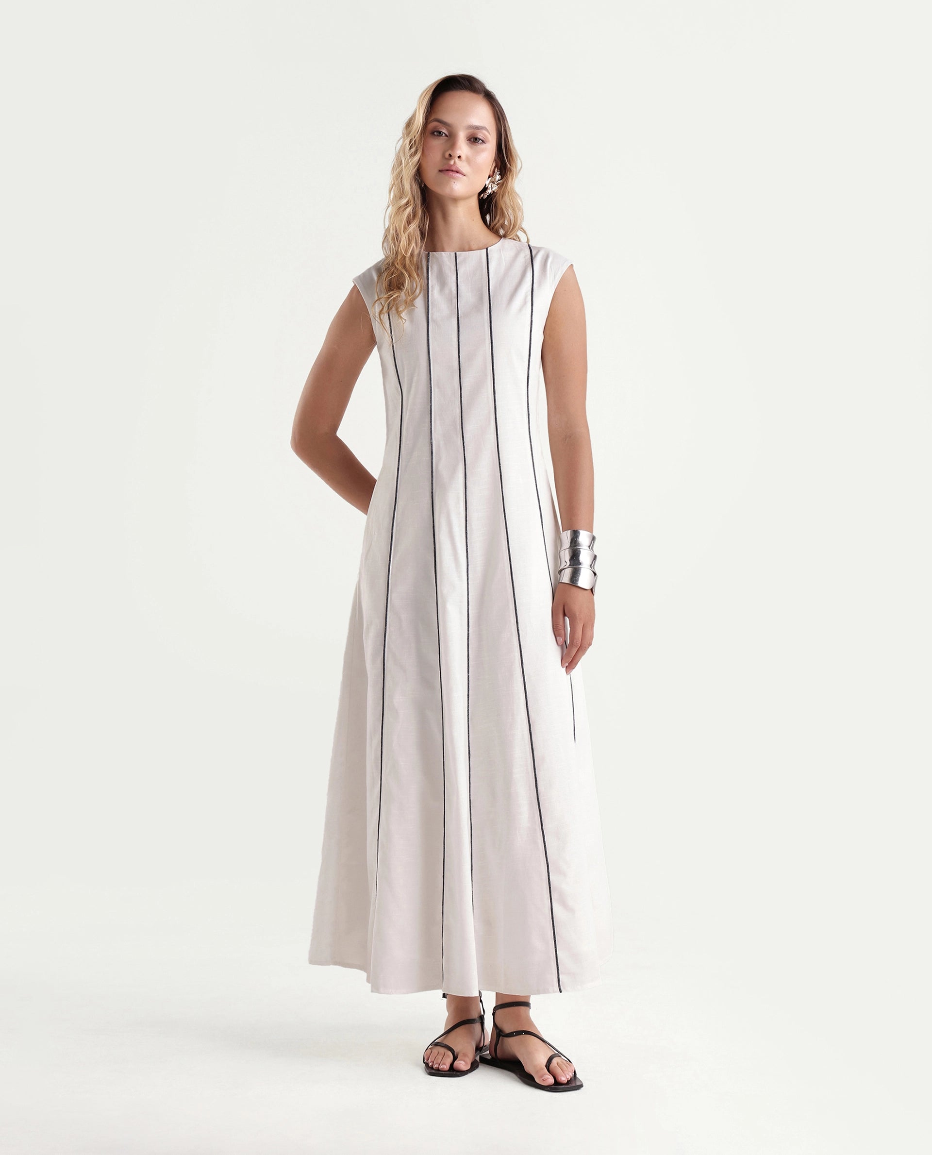 Rareism Women's Kelia Beige Cotton Fabric Crew Neck Fit And Flare Striped Dress