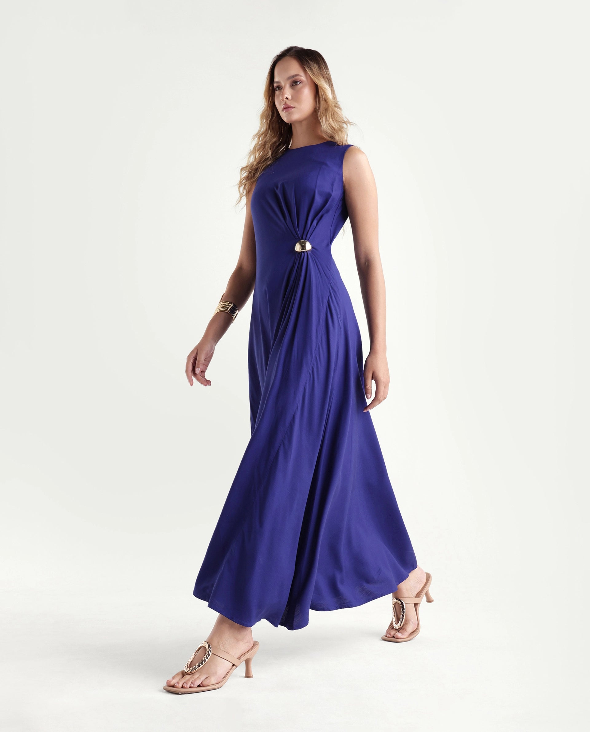 Rareism Women's Kensero Navy Viscose Fabric Crew Neck Fit And Flare Plain Dress