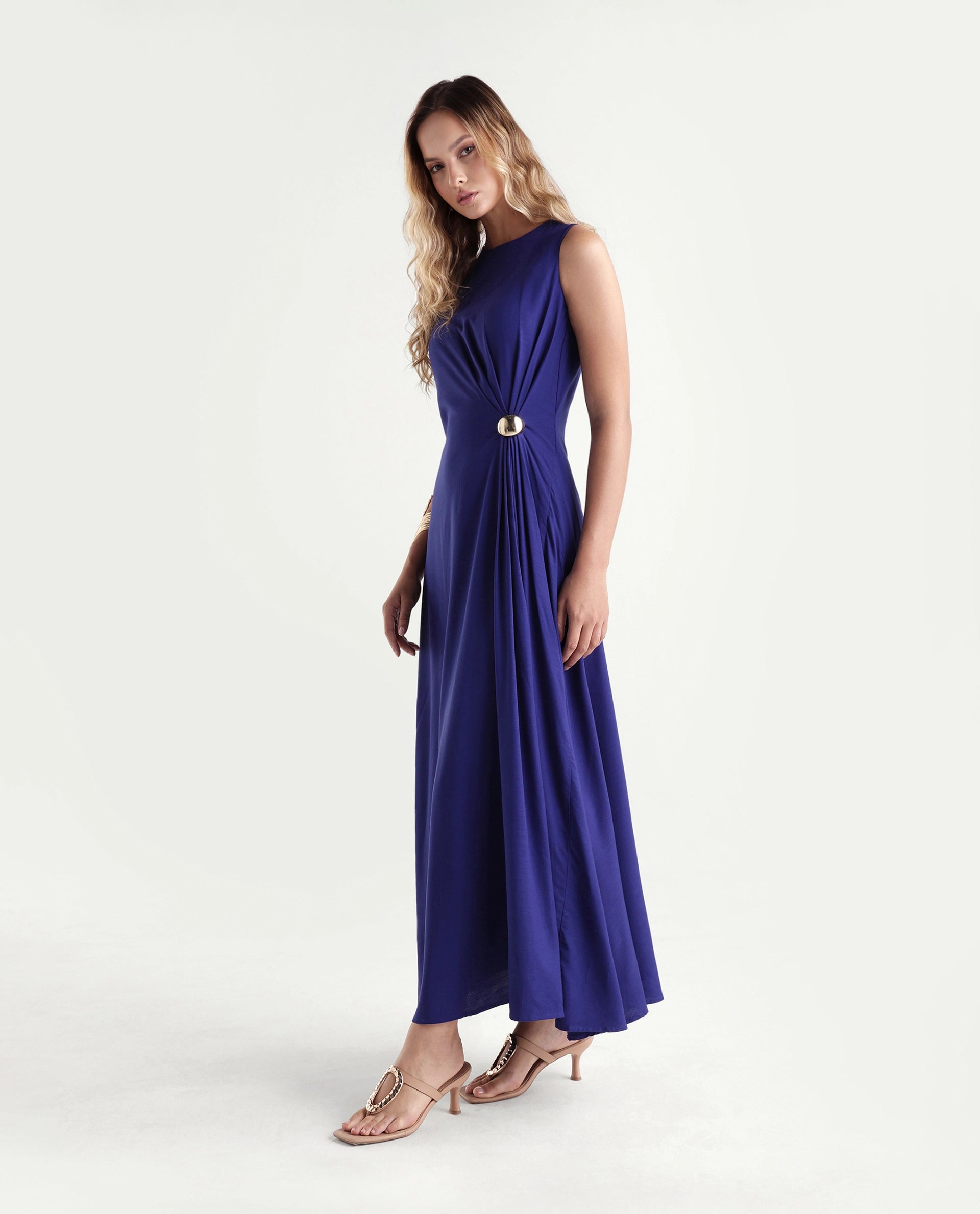 Rareism Women's Kensero Navy Viscose Fabric Crew Neck Fit And Flare Plain Dress